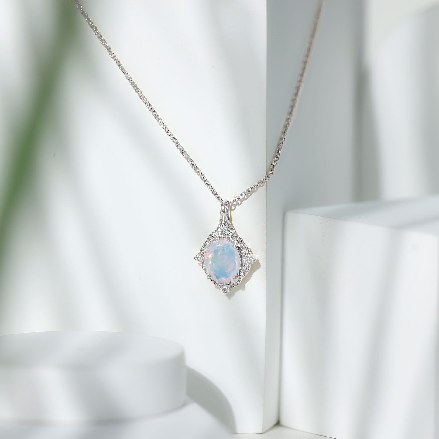 Vintage Inspired Oval Ethiopian Opal Halo Necklace with Chain
