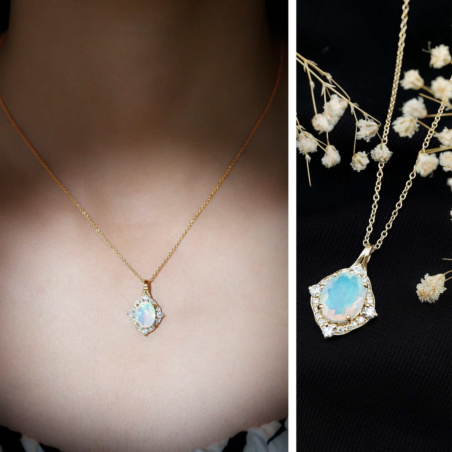 Vintage Inspired Oval Ethiopian Opal Halo Necklace with Chain