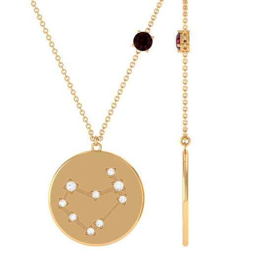 Garnet and Diamond Capricorn Zodiac Disc Pendant Necklace
