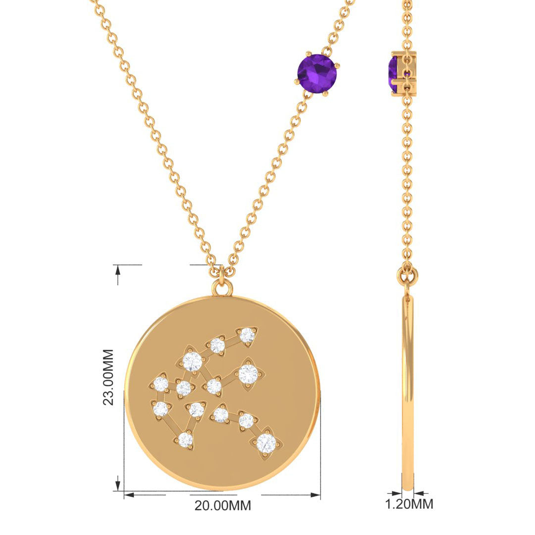 Certified Real Amethyst Aquarius Zodiac Disc Necklace