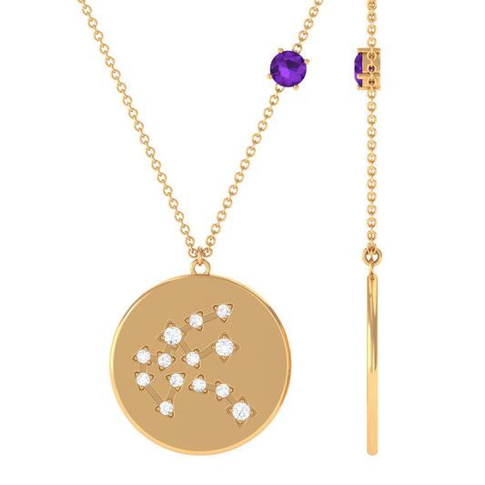 Certified Real Amethyst Aquarius Zodiac Disc Necklace