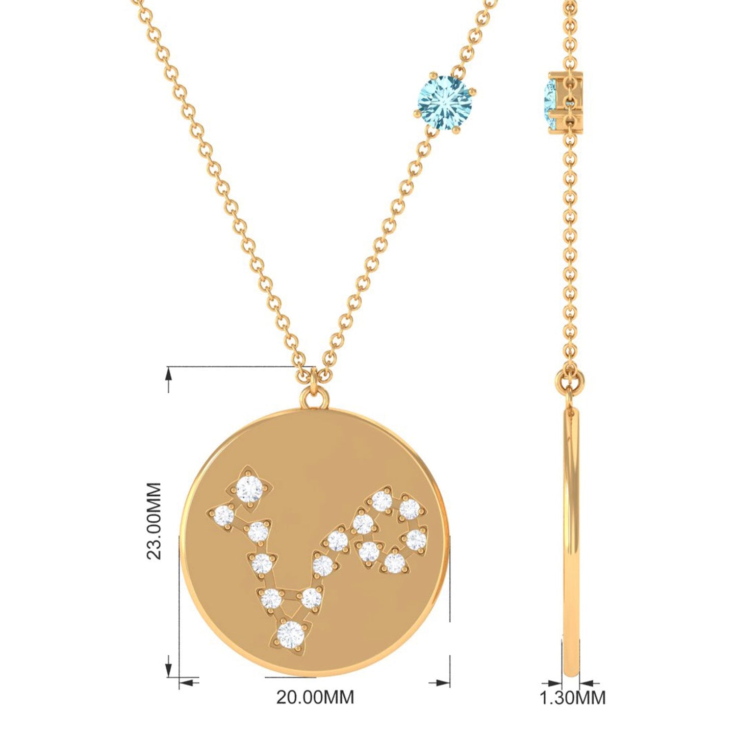 Certified Real Aquamarine Pisces Zodiac Disc Necklace with Diamond
