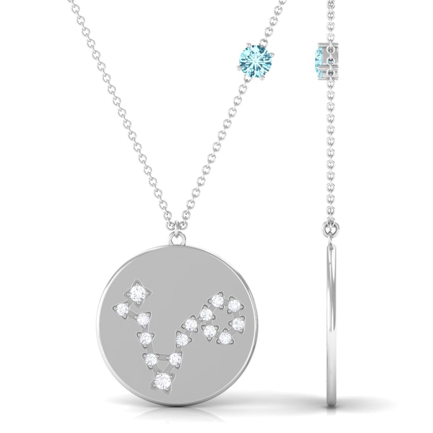Certified Real Aquamarine Pisces Zodiac Disc Necklace with Diamond