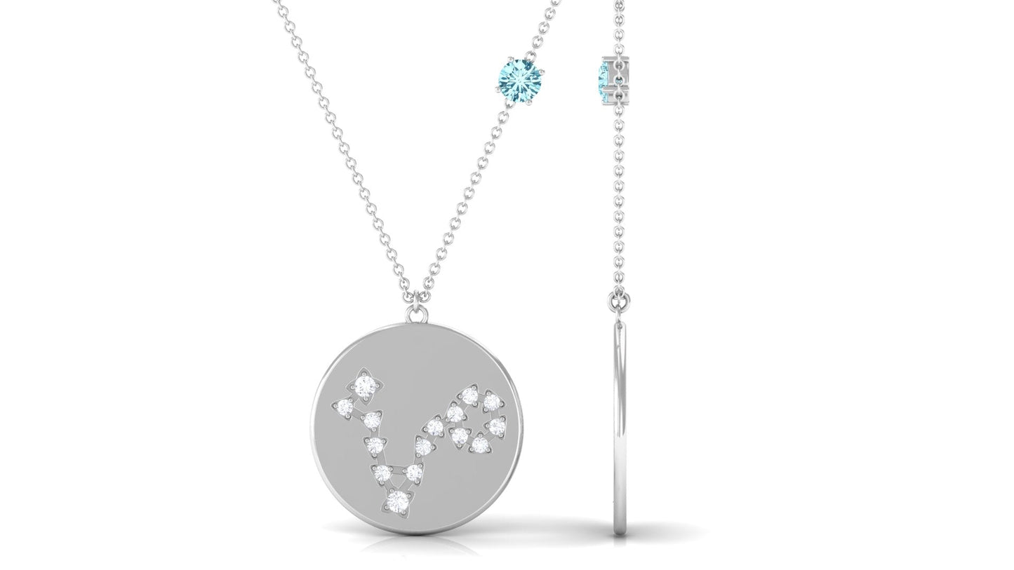 Certified Real Aquamarine Pisces Zodiac Disc Necklace with Diamond
