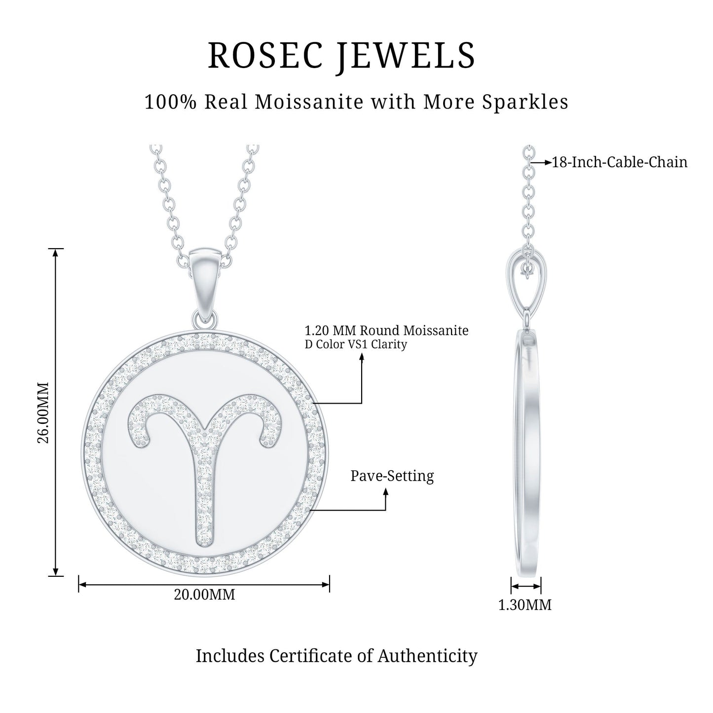 Certified Moissanite Aries Zodiac Disc Pendant