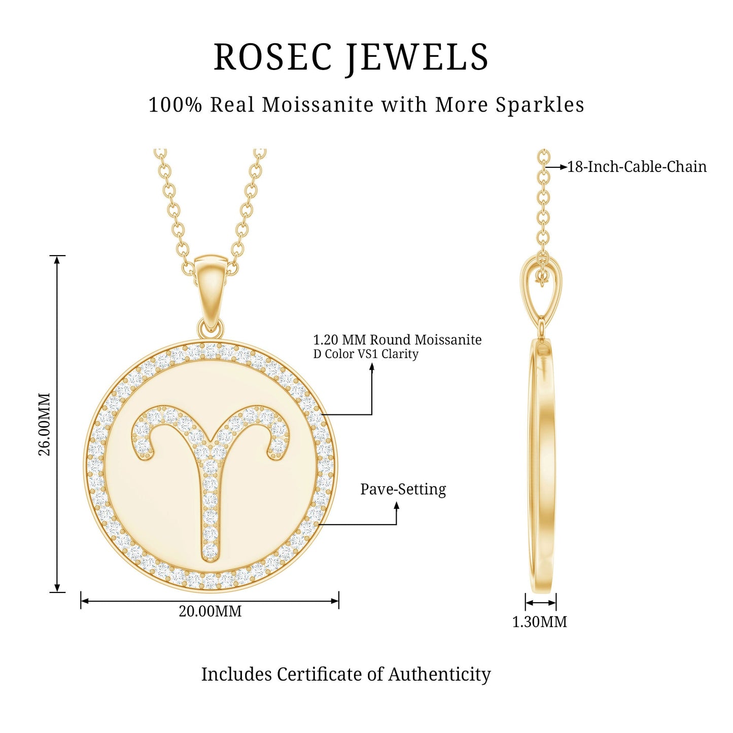 Certified Moissanite Aries Zodiac Disc Pendant