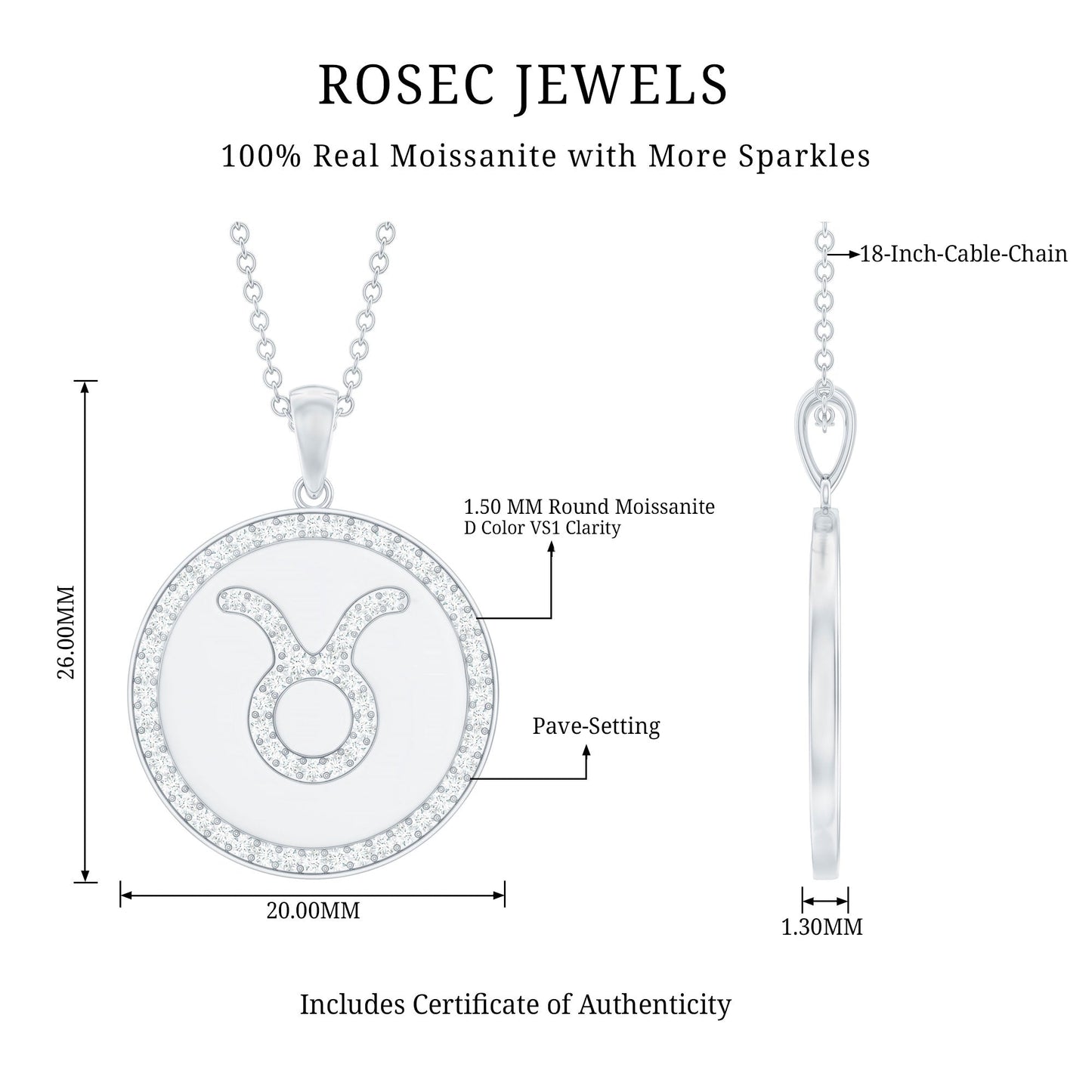 Certified Moissanite Taurus Zodiac Coin Necklace Pendant