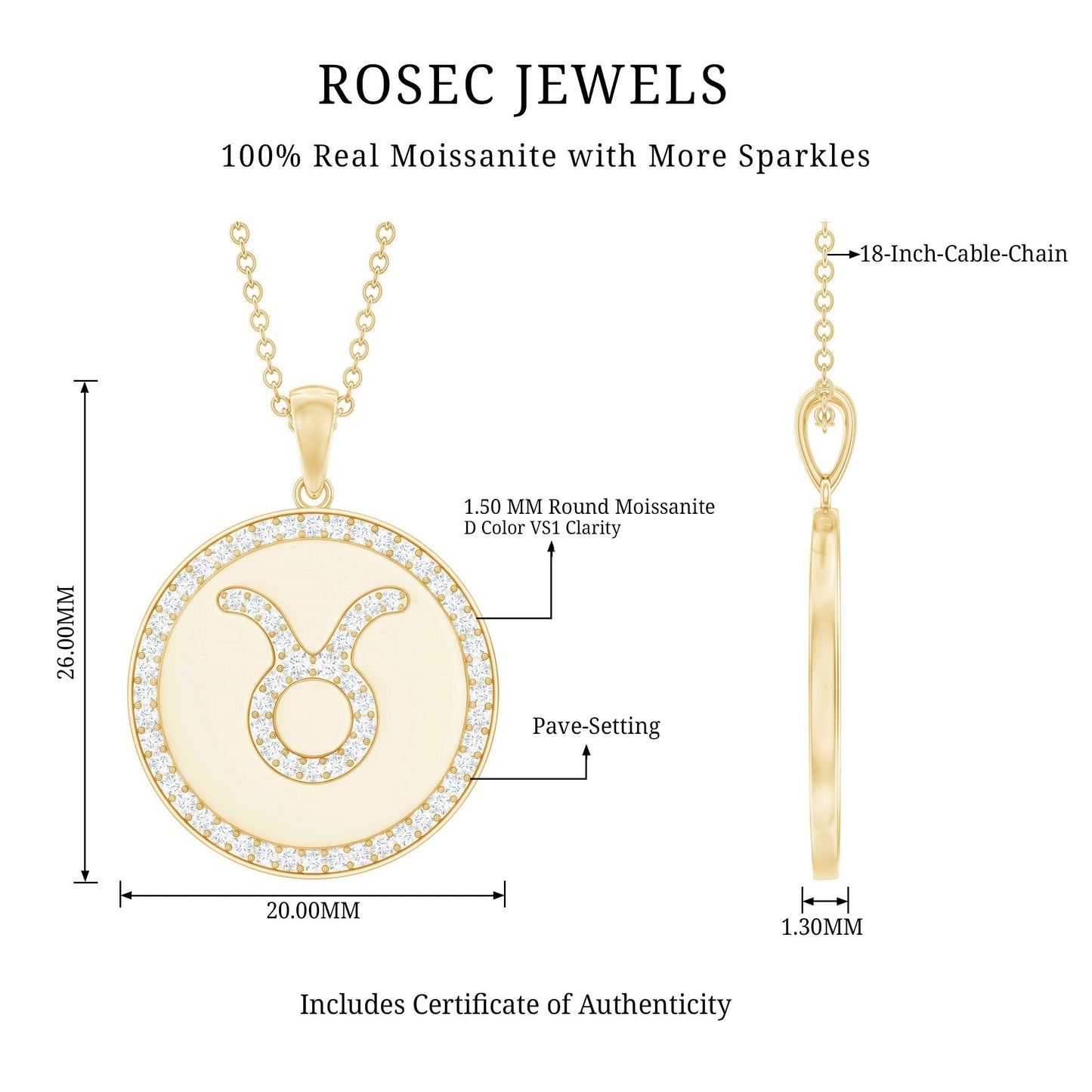 Certified Moissanite Taurus Zodiac Coin Necklace Pendant