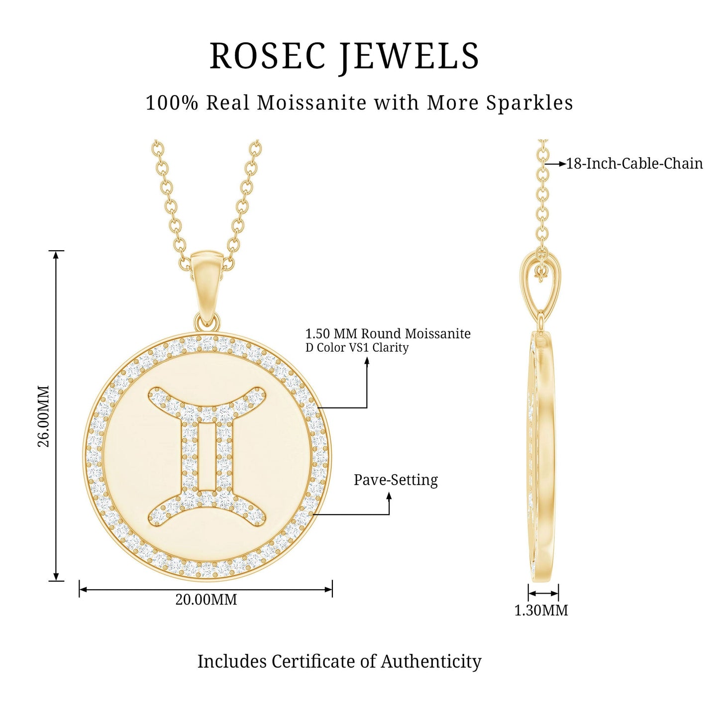 Gemini Zodiac Sign Pendant with Pave Set Moissanite