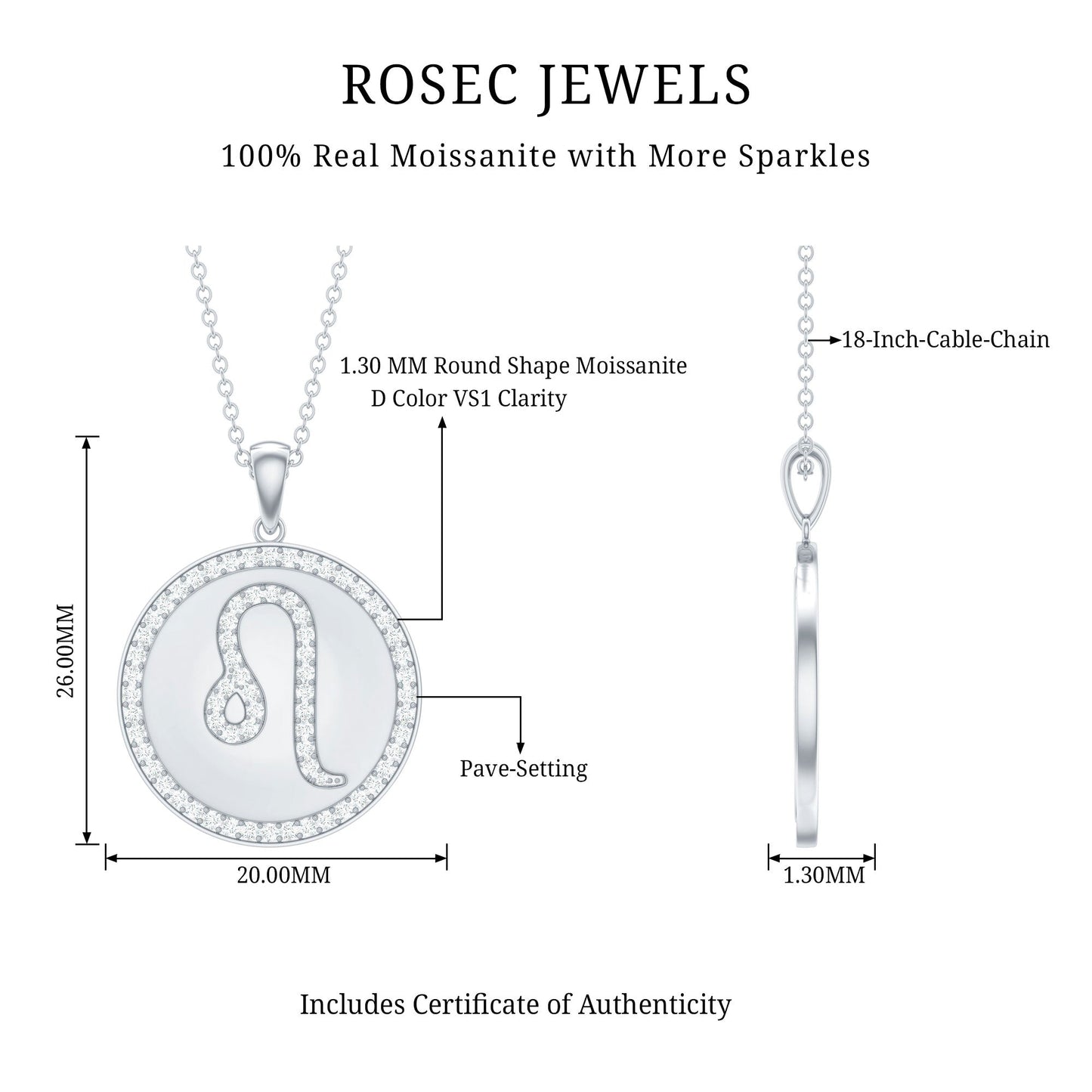 Certified Moissanite Zodiac Leo Pendant with Disc