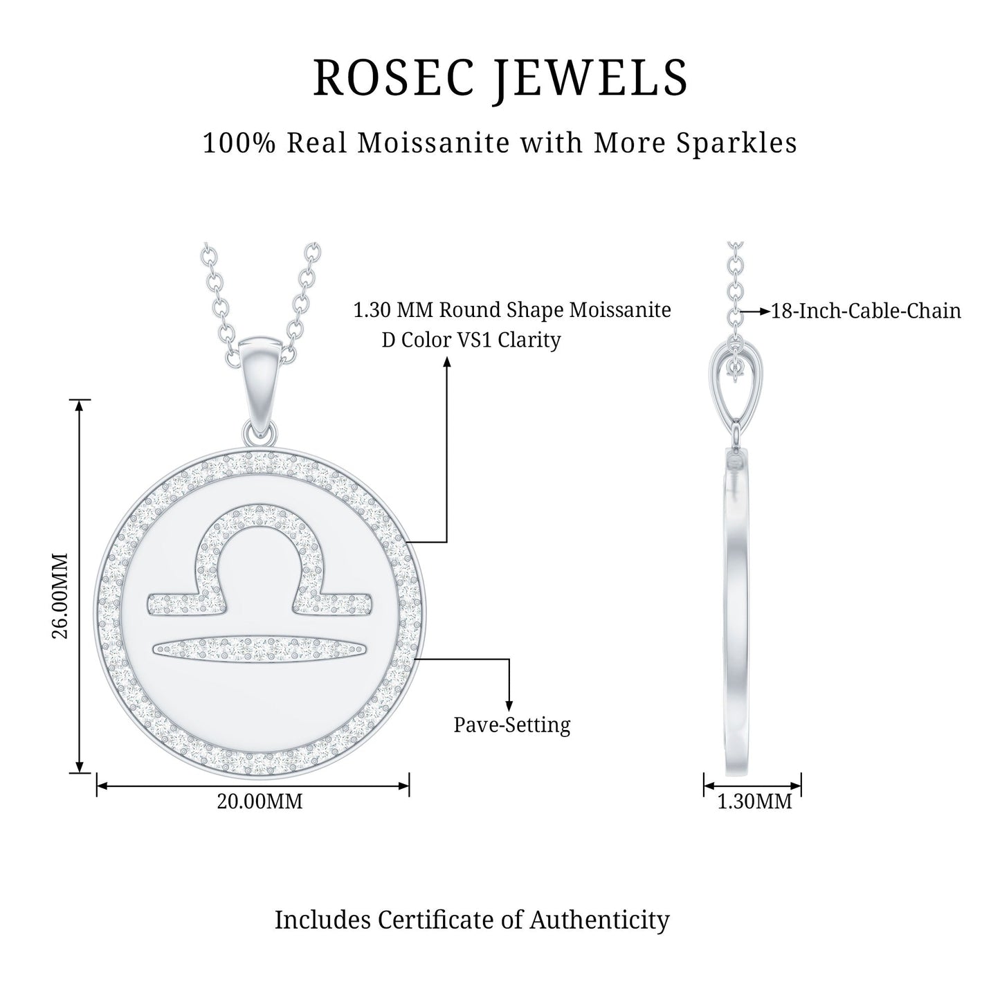 Certified Moissanite and Disc Libra Zodiac Pendant
