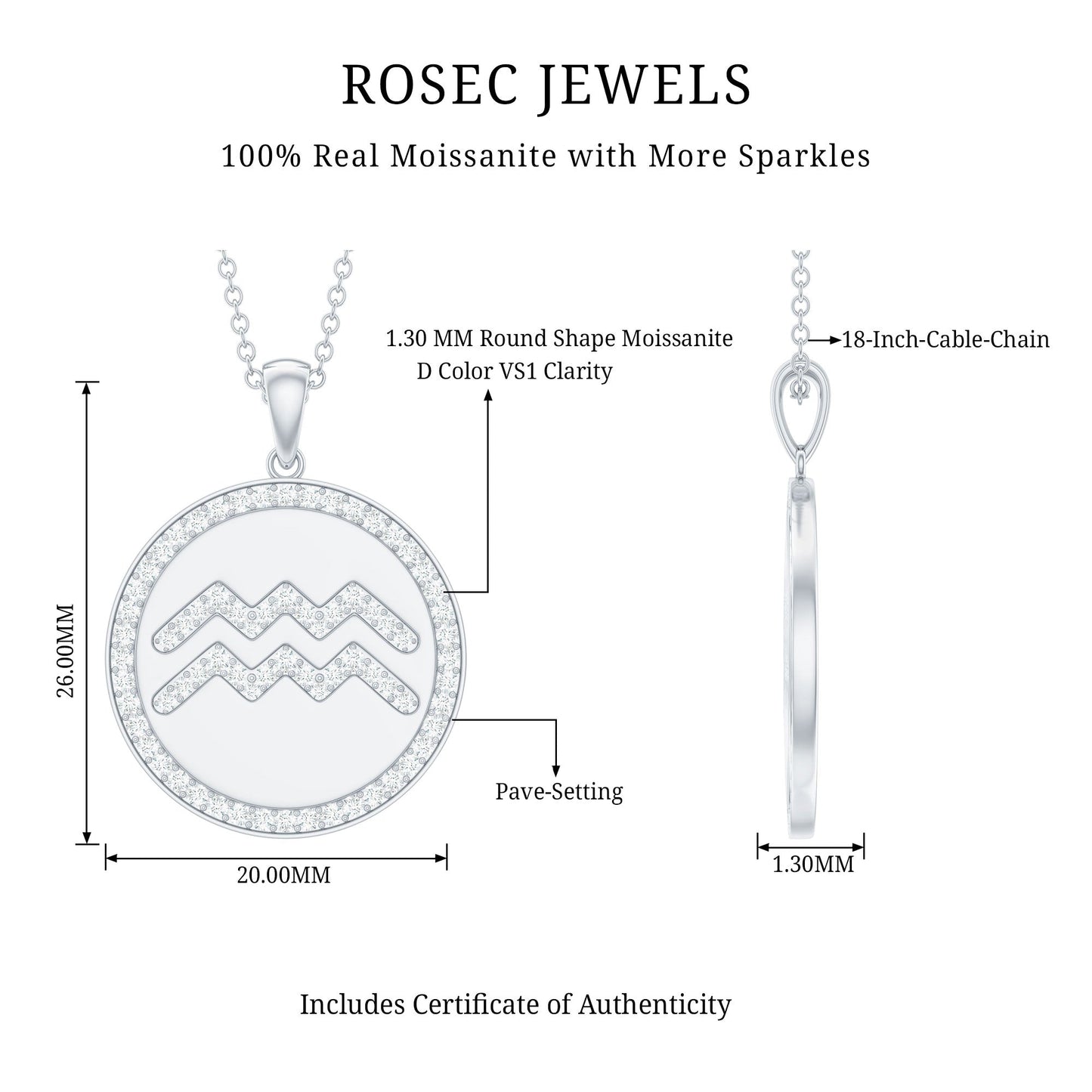 Moissanite Disc Aquarius Zodiac Pendant Necklace for Women