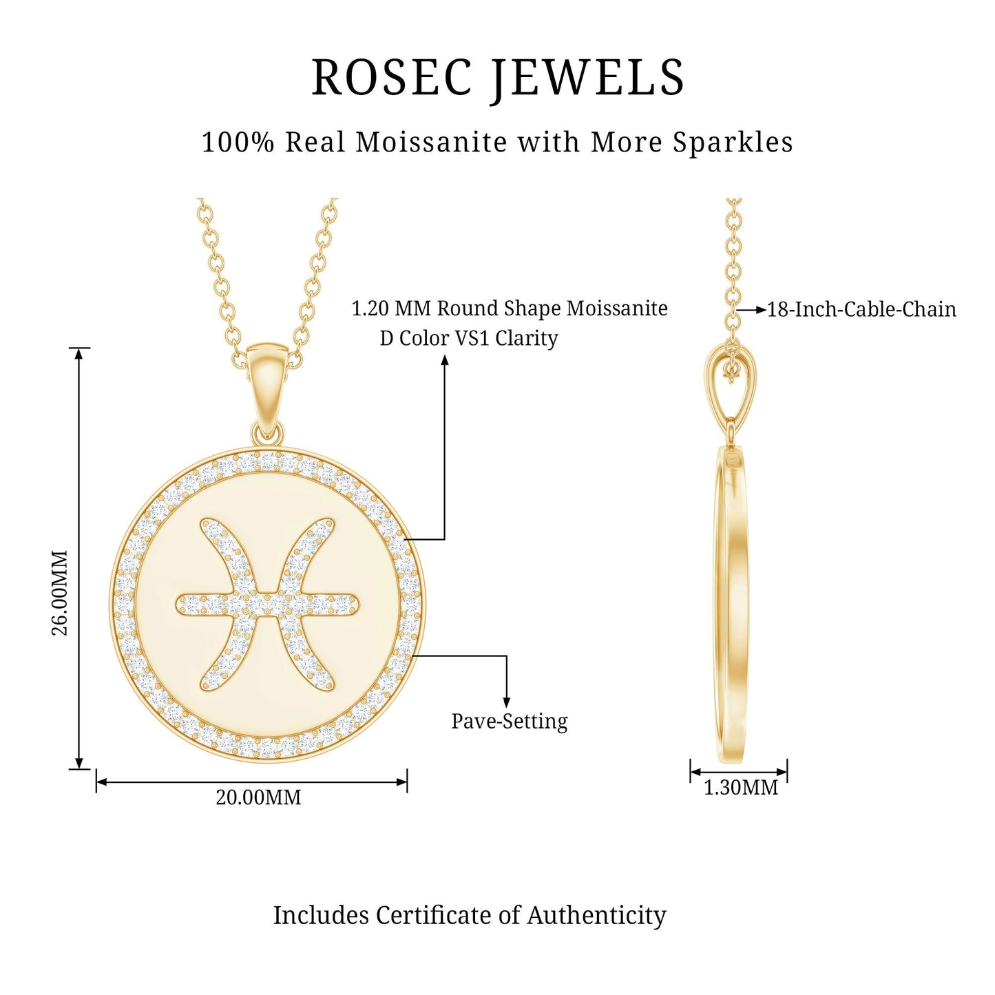 Certified Moissanite Pisces Zodiac Pendant with Disc