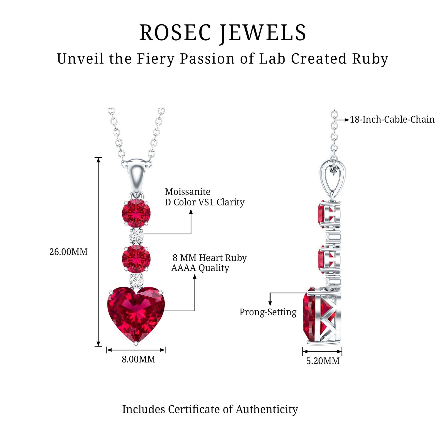 Created Ruby and Moissanite Heart Dangle Pendant Necklace