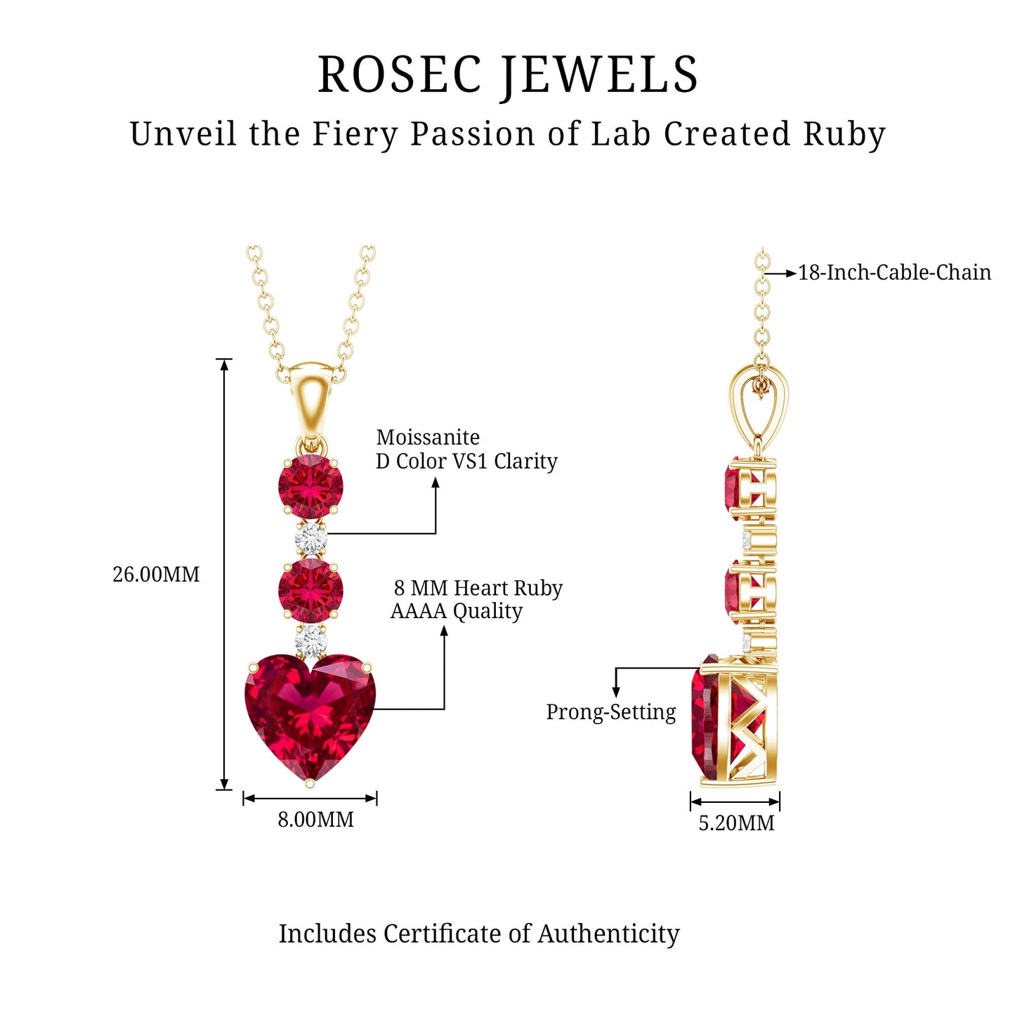 Created Ruby and Moissanite Heart Dangle Pendant Necklace