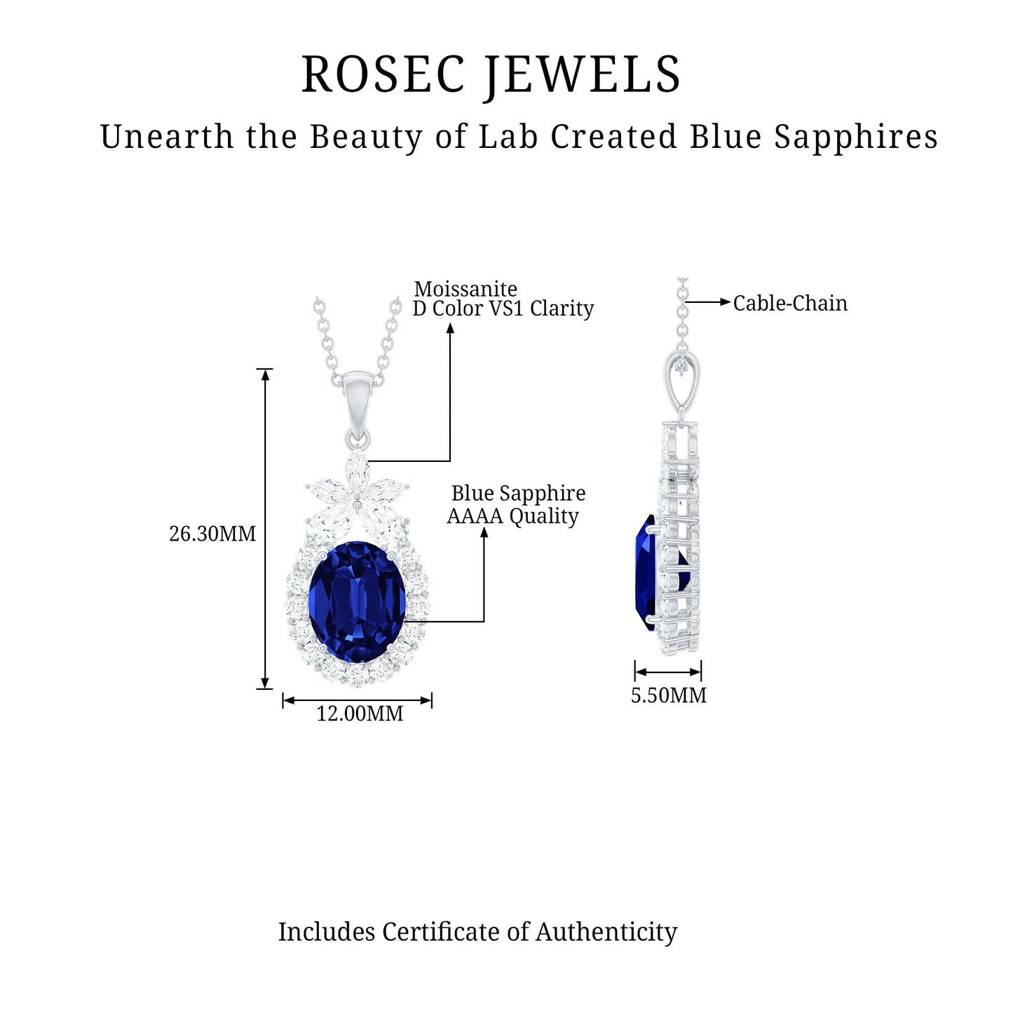 4 Carat Oval Shape Lab Created Blue Sapphire Statement Necklace with Moissanite