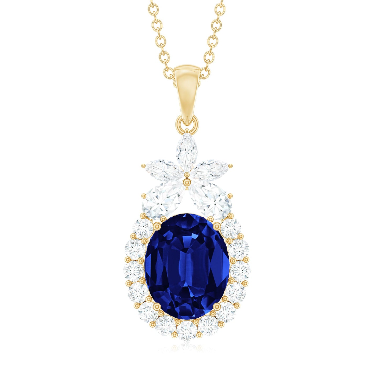 4 Carat Oval Shape Lab Created Blue Sapphire Statement Necklace with Moissanite