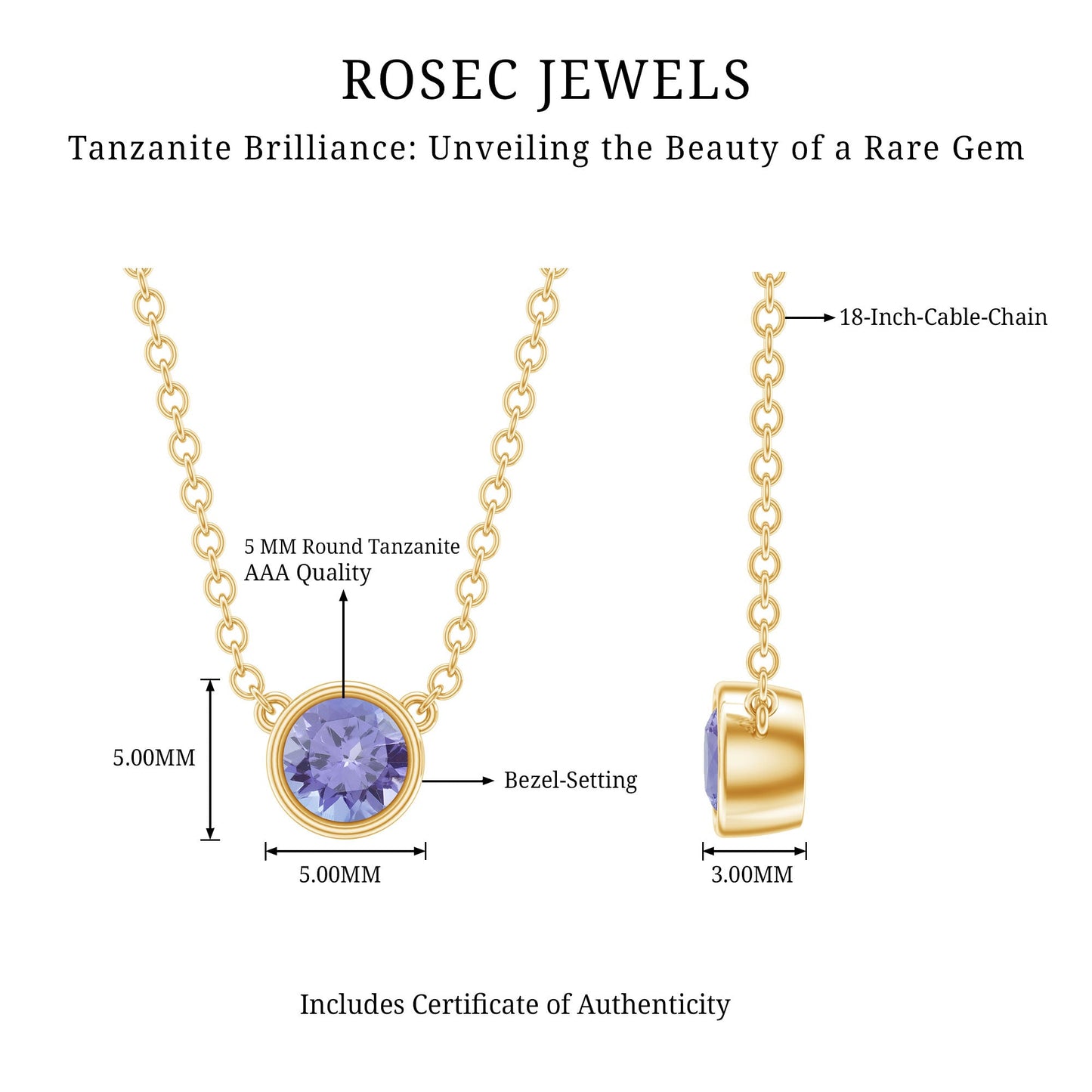 1/2 CT Tanzanite Solitaire Necklace in Bezel Setting