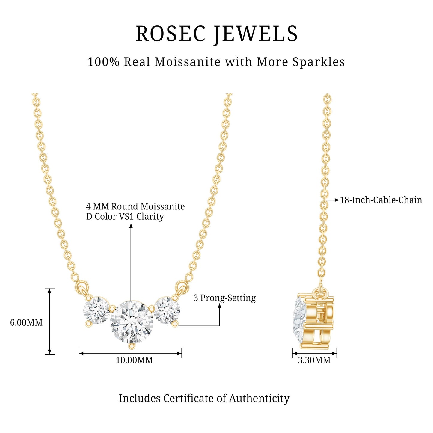 Certified Moissanite Three Stone Stackable Necklace