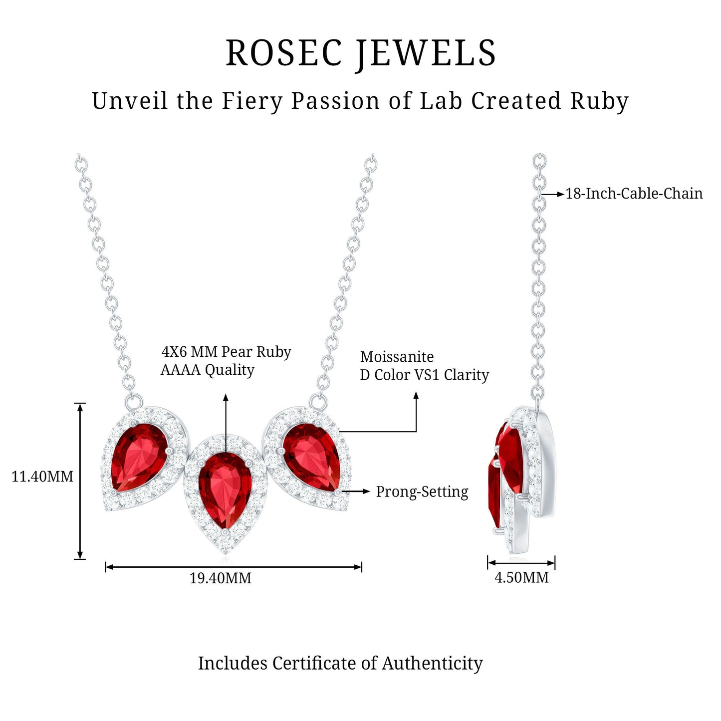 Pear Cut Lab Created Ruby Three Stone Necklace with Moissanite Halo