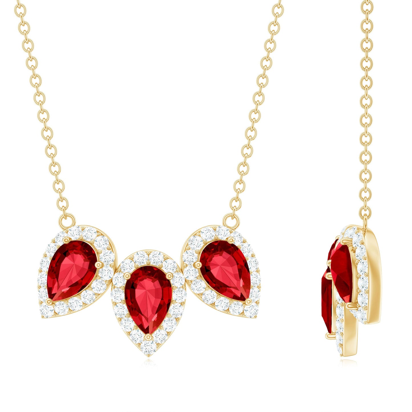 Pear Cut Lab Created Ruby Three Stone Necklace with Moissanite Halo