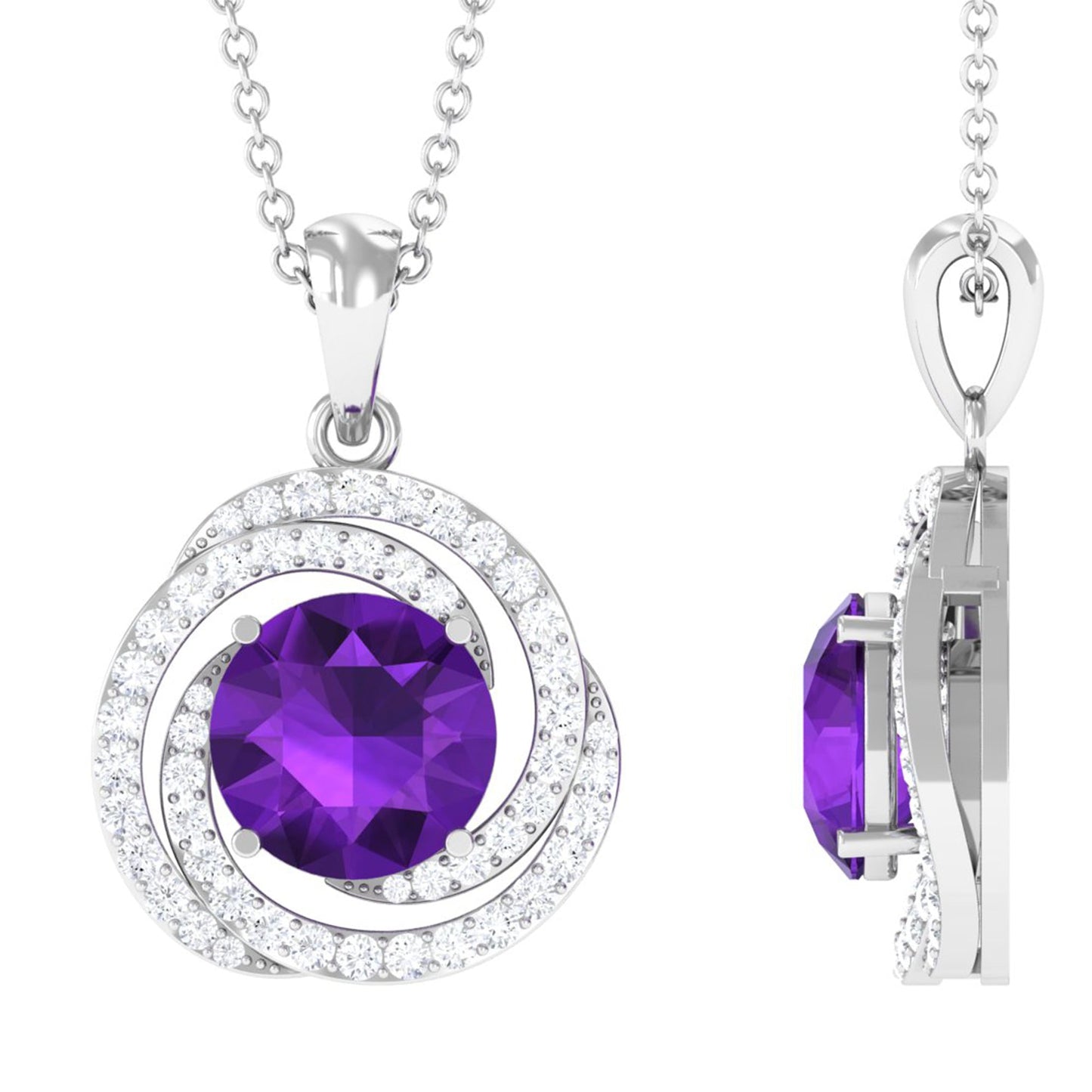 Natural Amethyst and Diamond Swirl Pendant Necklace