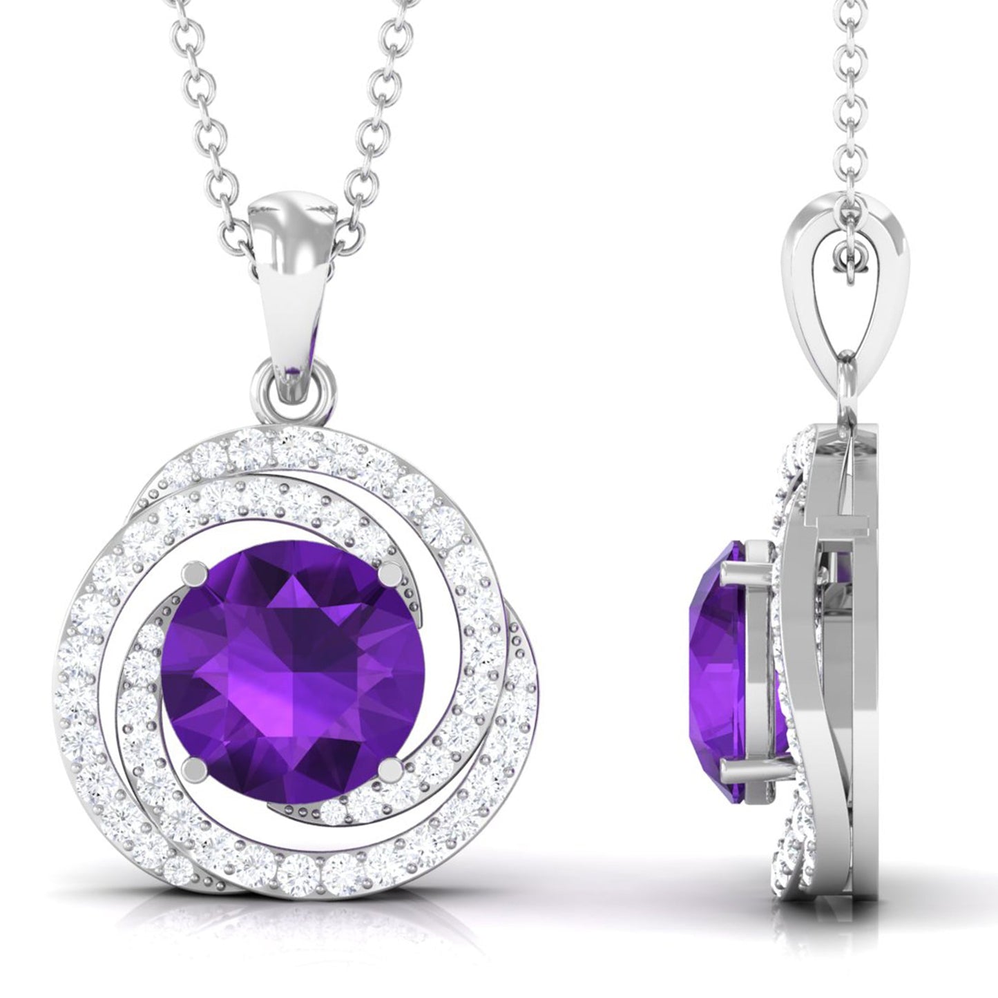 Natural Amethyst and Diamond Swirl Pendant Necklace