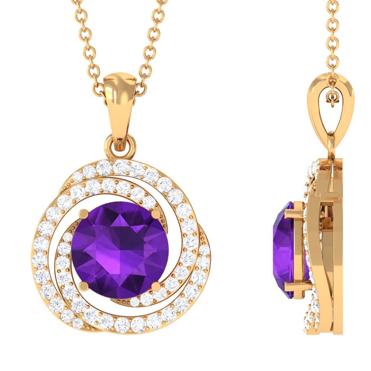 Natural Amethyst and Diamond Swirl Pendant Necklace