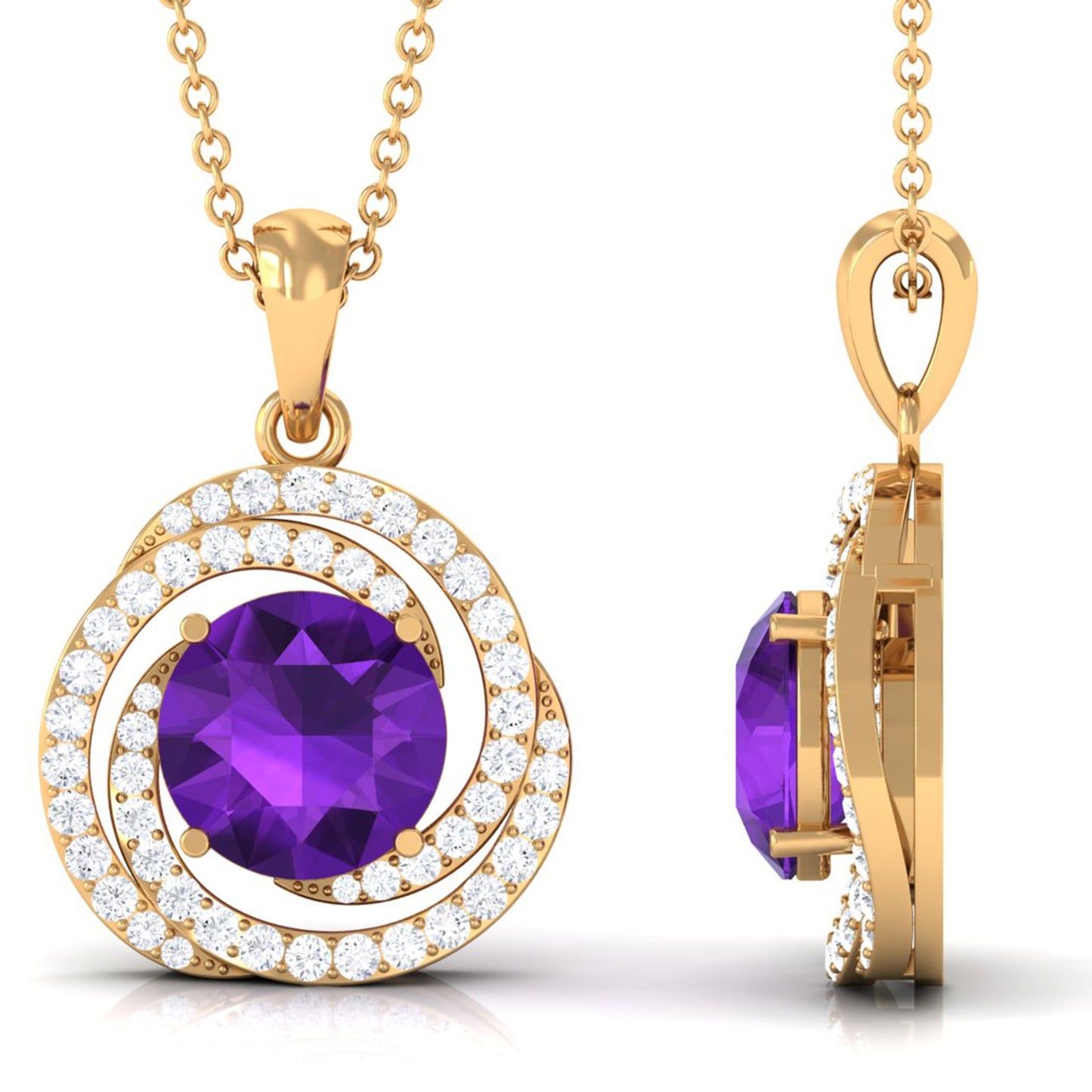Natural Amethyst and Diamond Swirl Pendant Necklace