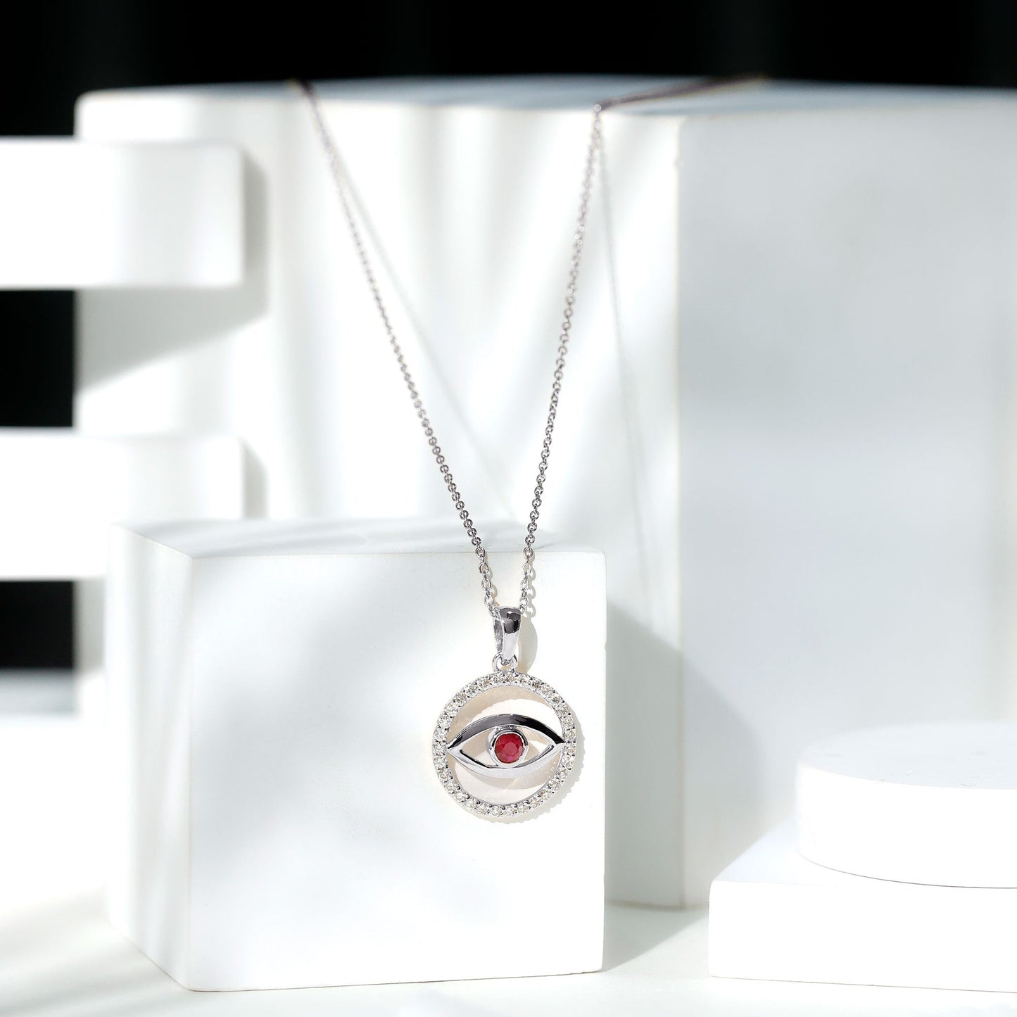Real Ruby and Diamond Evil Eye Pendant Necklace