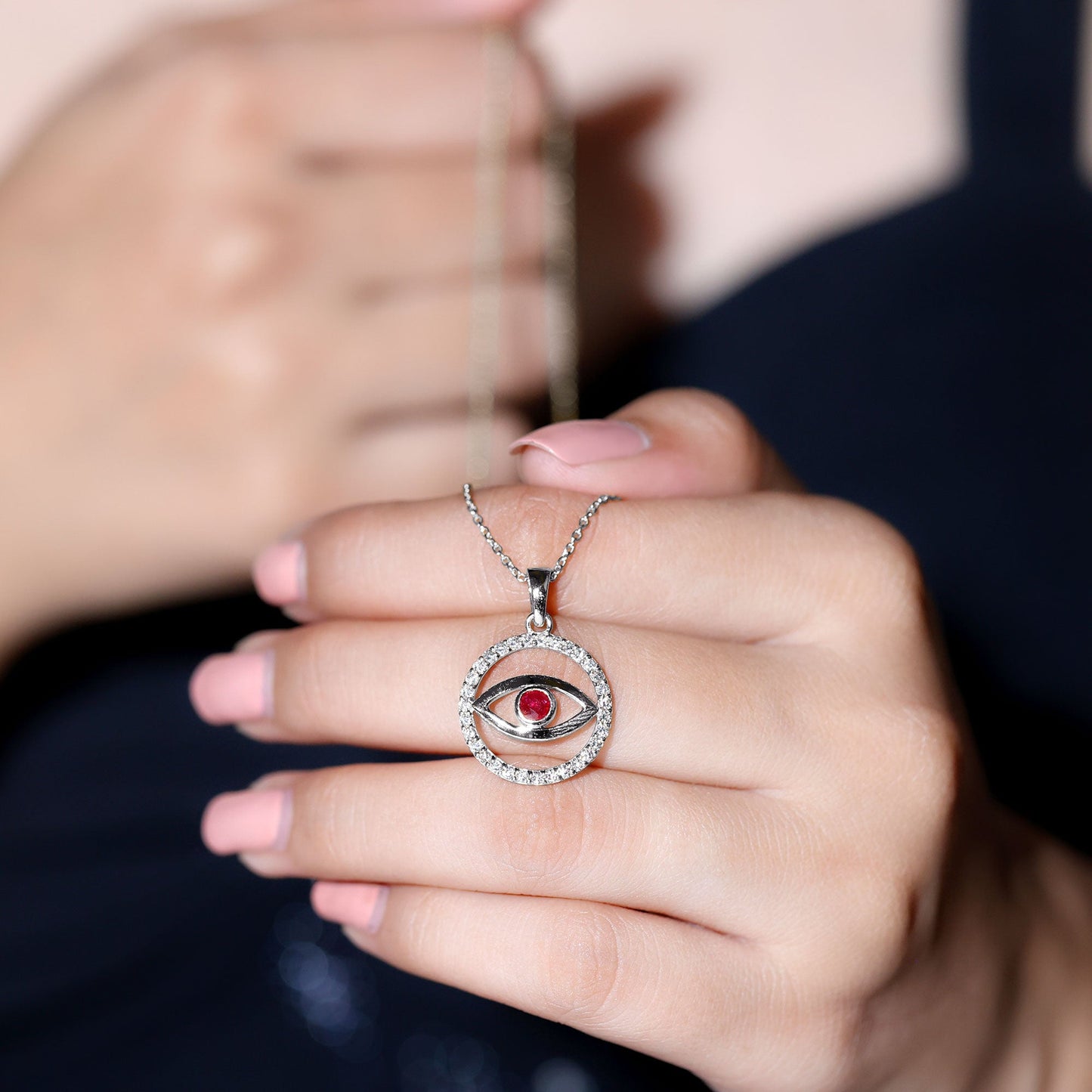 Real Ruby and Diamond Evil Eye Pendant Necklace