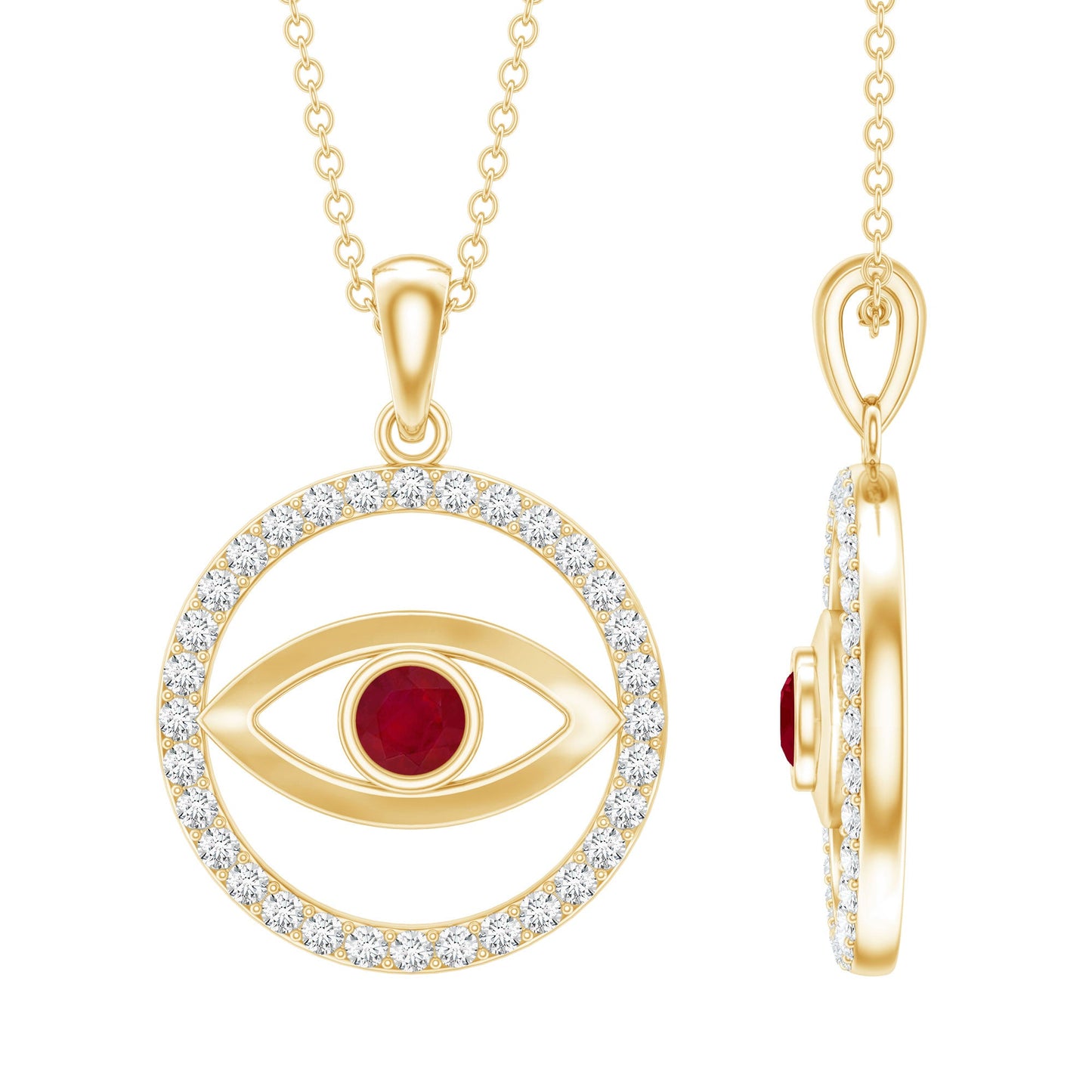 Real Ruby and Diamond Evil Eye Pendant Necklace