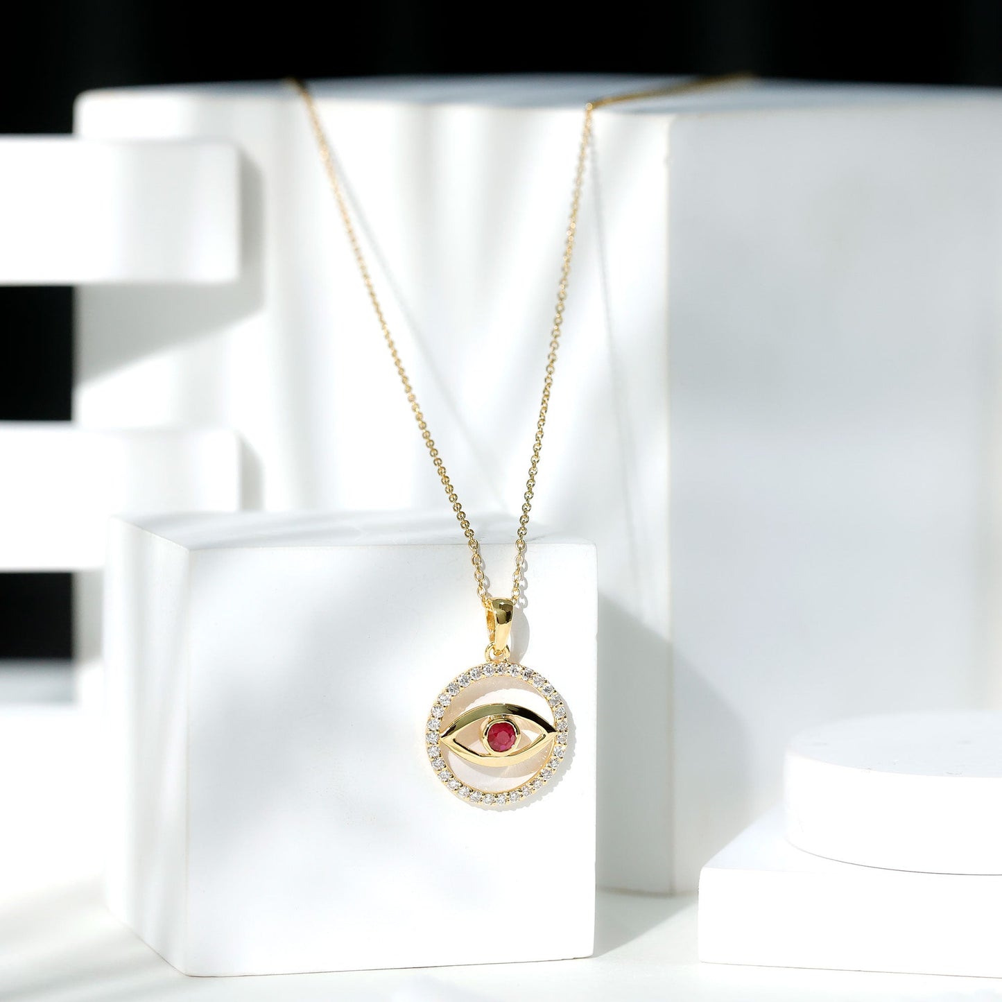 Real Ruby and Diamond Evil Eye Pendant Necklace