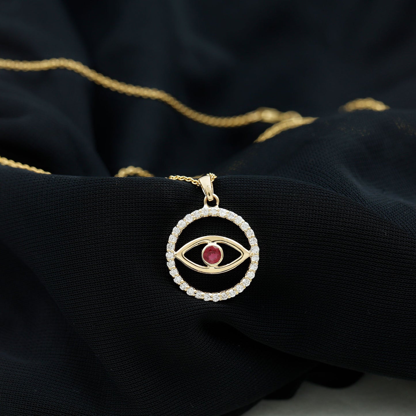 Real Ruby and Diamond Evil Eye Pendant Necklace