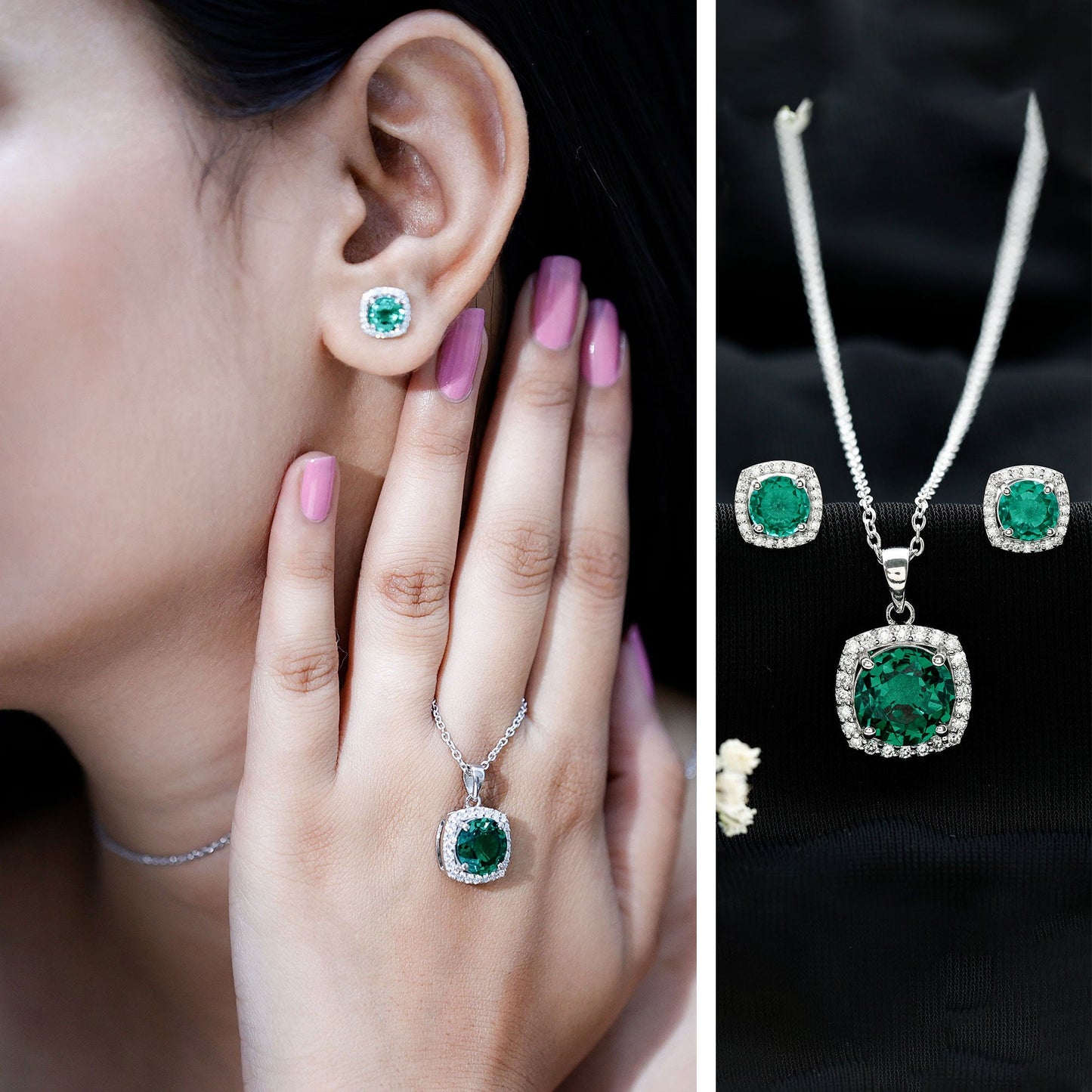 Certified Lab Grown Emerald Necklace and Earring Set for Women