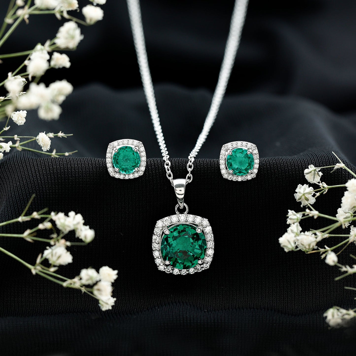 Certified Lab Grown Emerald Necklace and Earring Set for Women