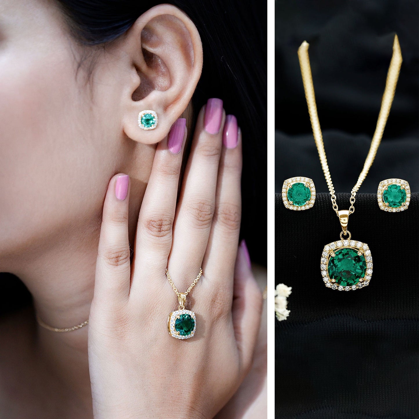 Certified Lab Grown Emerald Necklace and Earring Set for Women