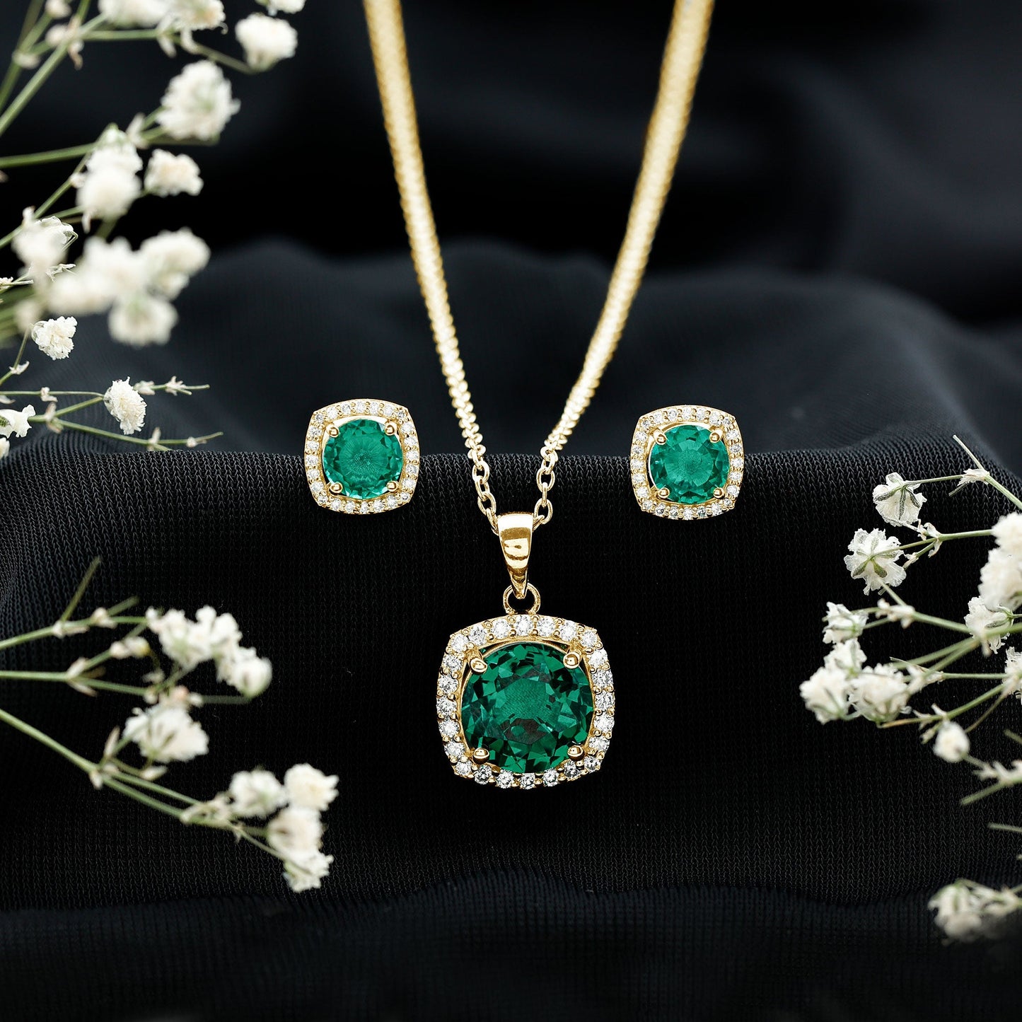 Certified Lab Grown Emerald Necklace and Earring Set for Women