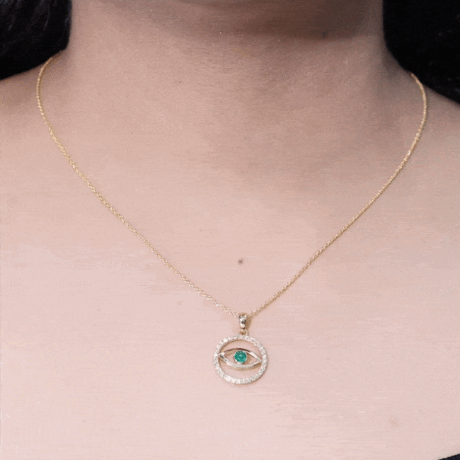 Real Emerald and Diamond Evil Eye Pendant Necklace