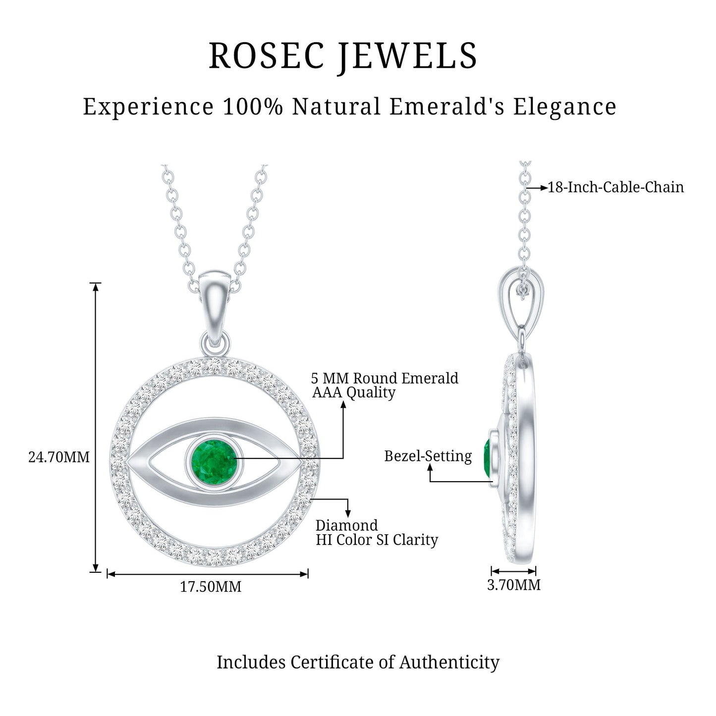 Real Emerald and Diamond Evil Eye Pendant Necklace