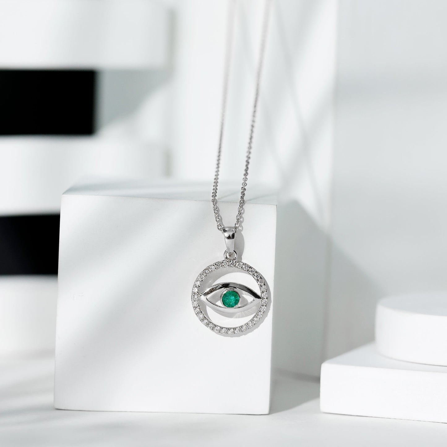 Real Emerald and Diamond Evil Eye Pendant Necklace