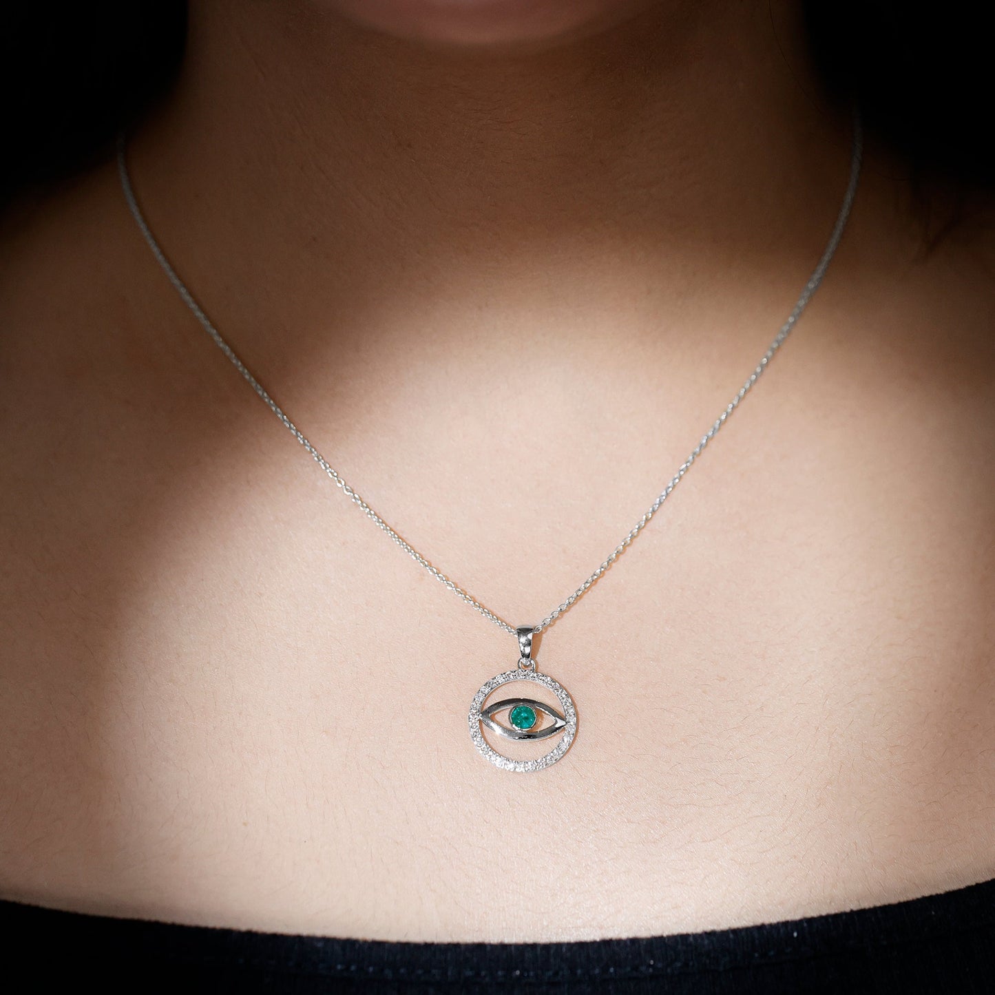 Real Emerald and Diamond Evil Eye Pendant Necklace