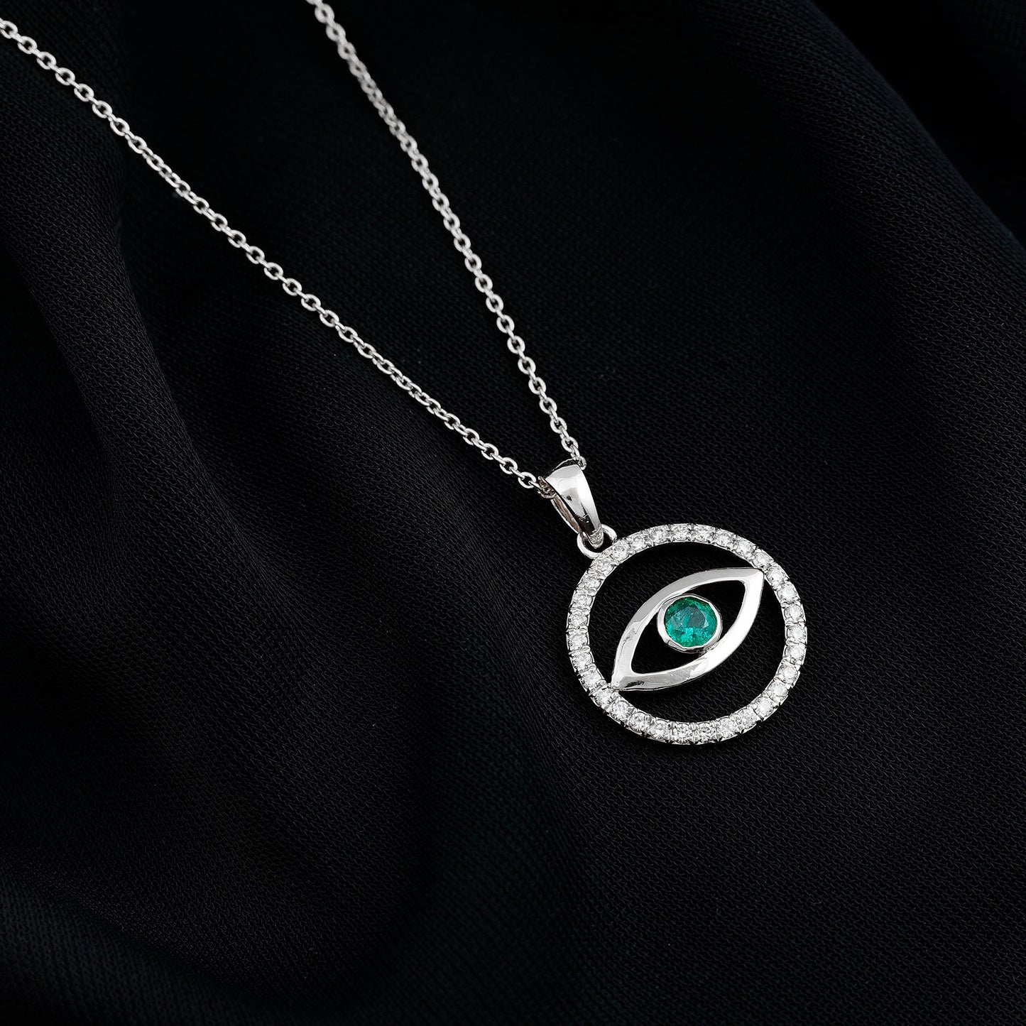Real Emerald and Diamond Evil Eye Pendant Necklace