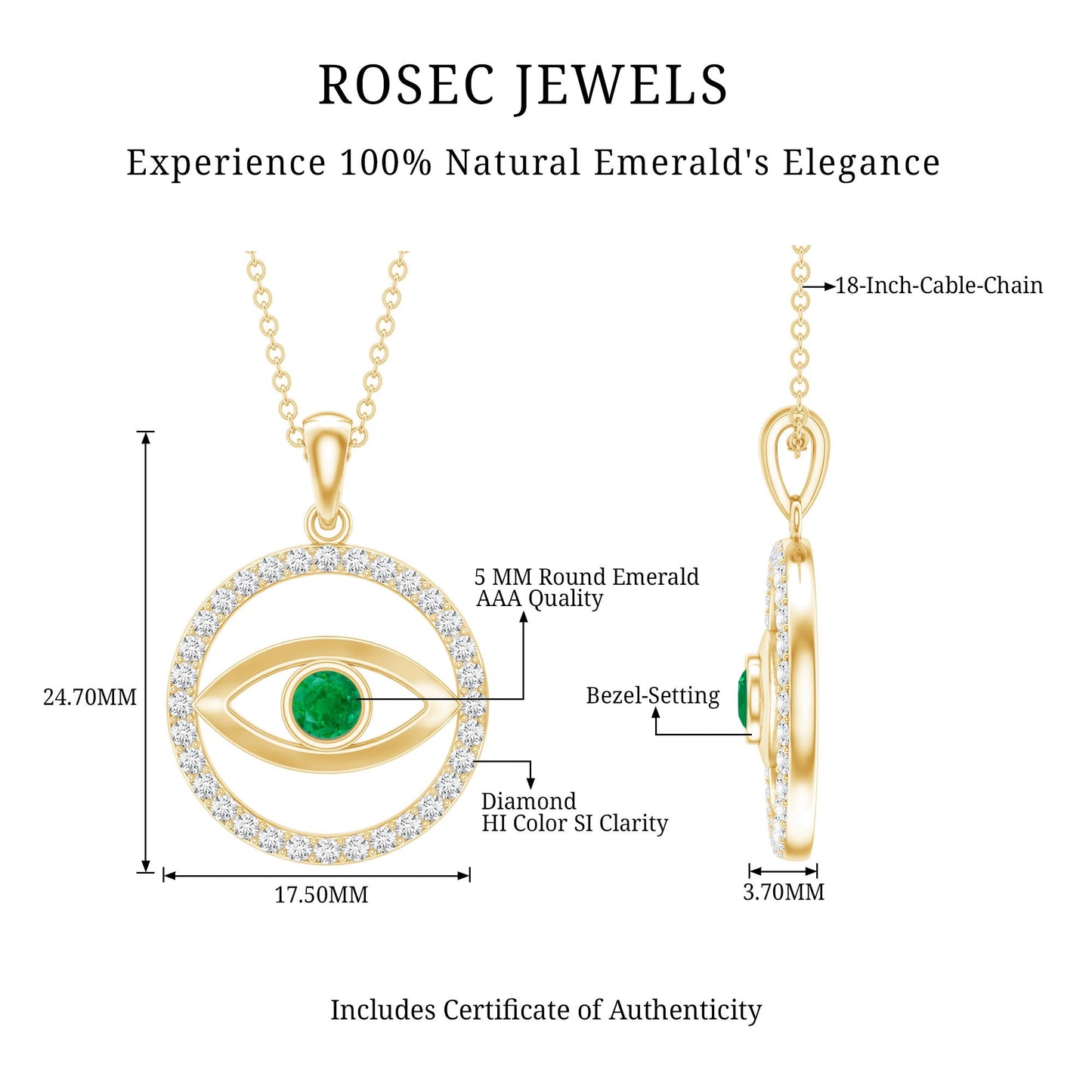 Real Emerald and Diamond Evil Eye Pendant Necklace
