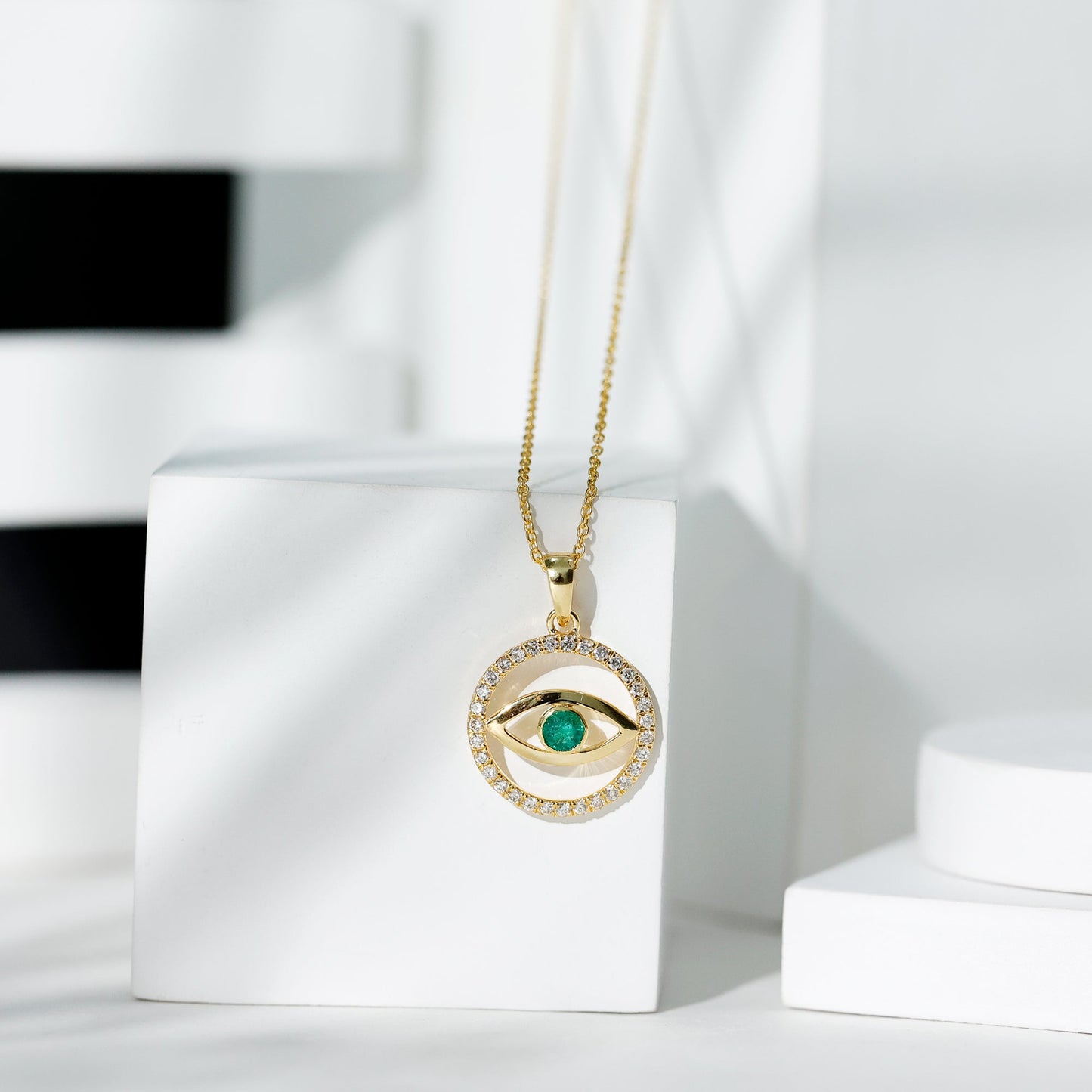 Real Emerald and Diamond Evil Eye Pendant Necklace