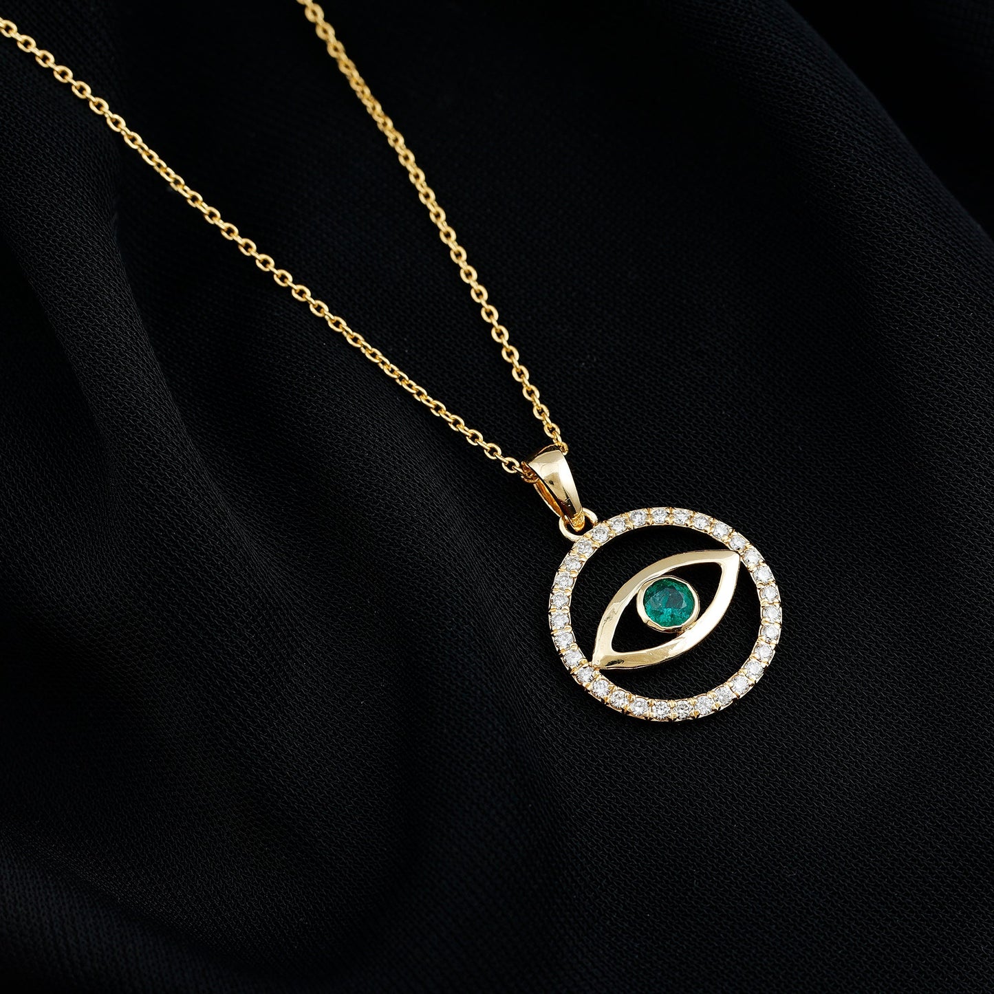 Real Emerald and Diamond Evil Eye Pendant Necklace