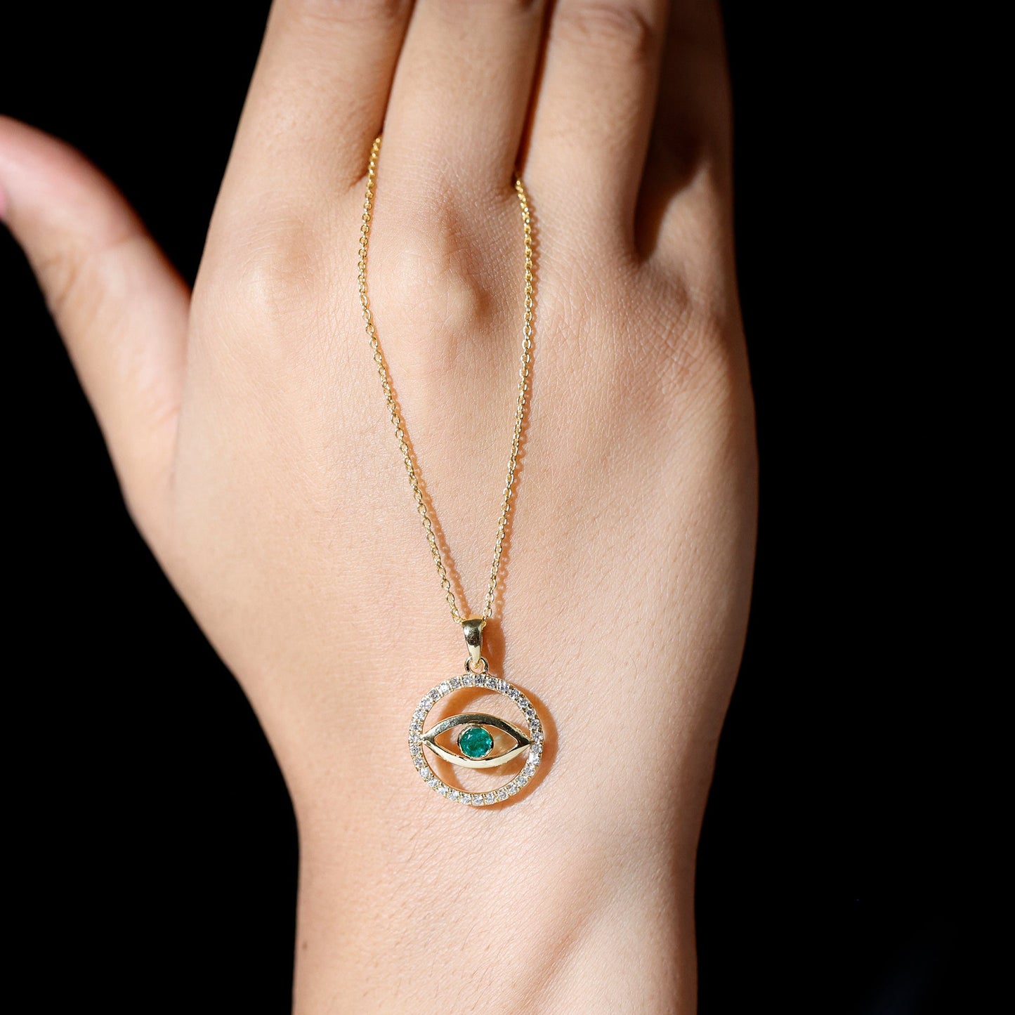 Real Emerald and Diamond Evil Eye Pendant Necklace