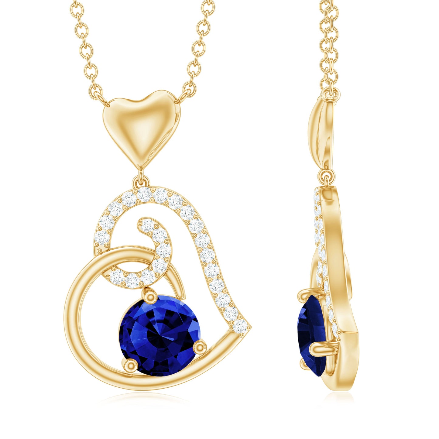 1 Carat Created Blue Sapphire and Diamond Heart Drop Pendant