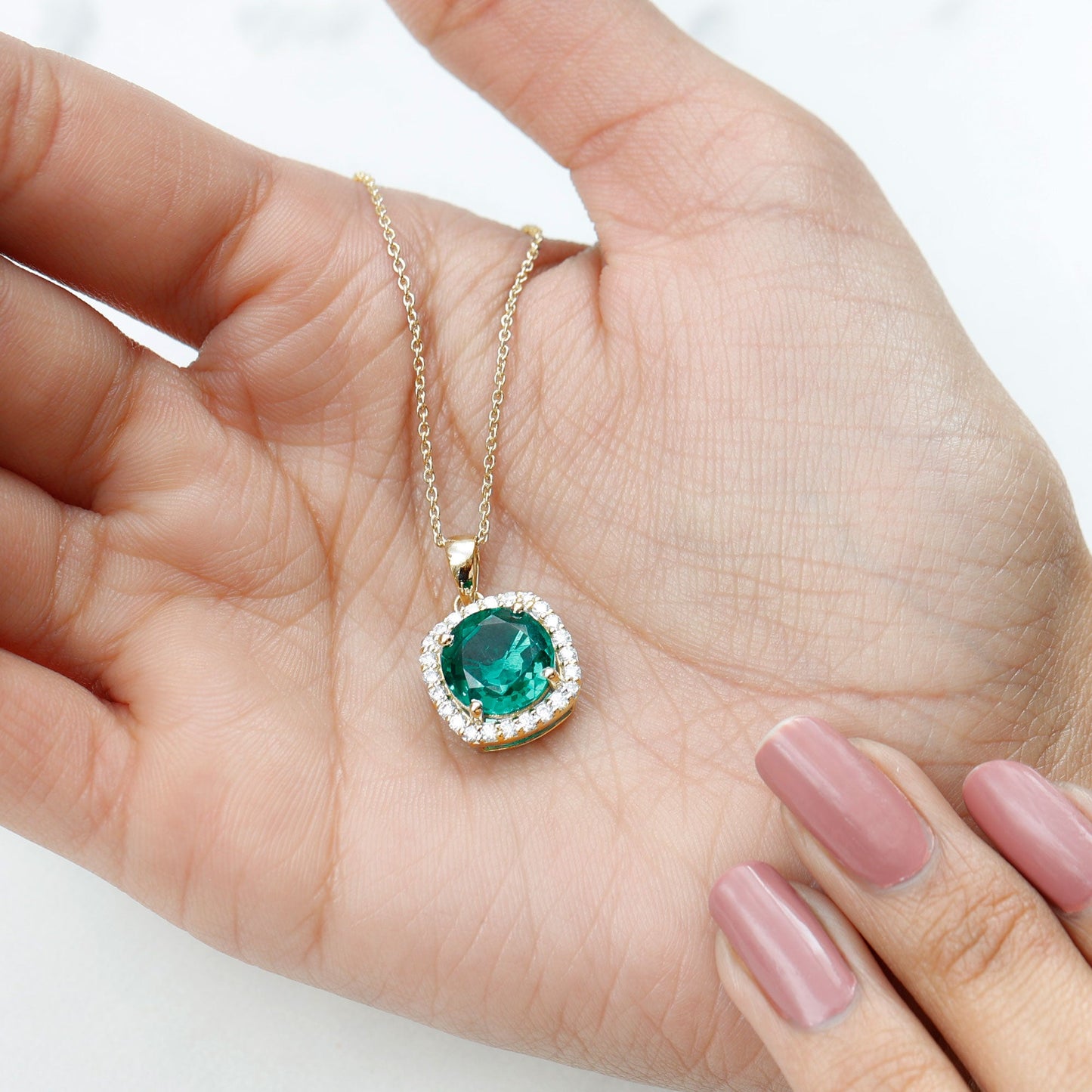 3.5 Carat Round Cut Lab Created Emerald and Diamond Bridal Necklace