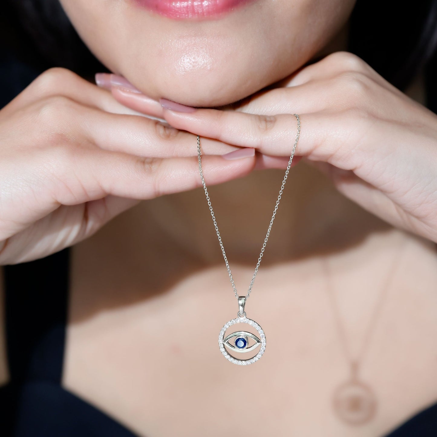 Blue Sapphire and Diamond Evil Eye Eternity Necklace